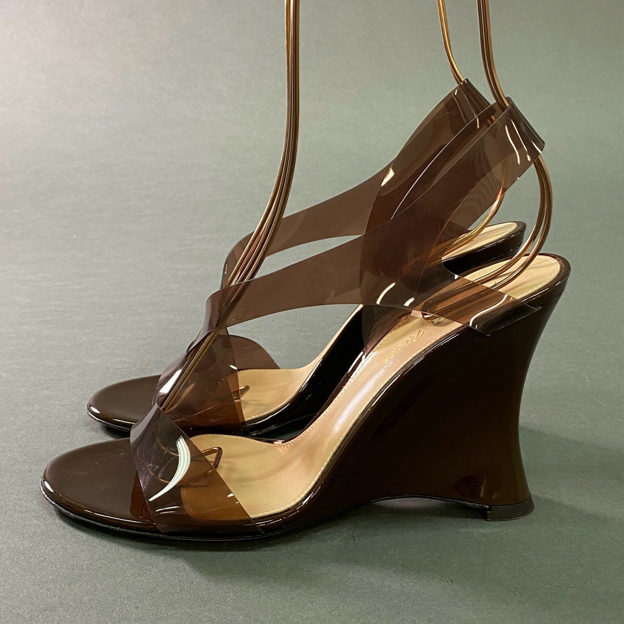 7a28 Gianvito Rossi ジャンヴィトロッシ Metropolis メトロポリス ガラスウェッジ サンダル シューズ イタリア製 37 ブラウン