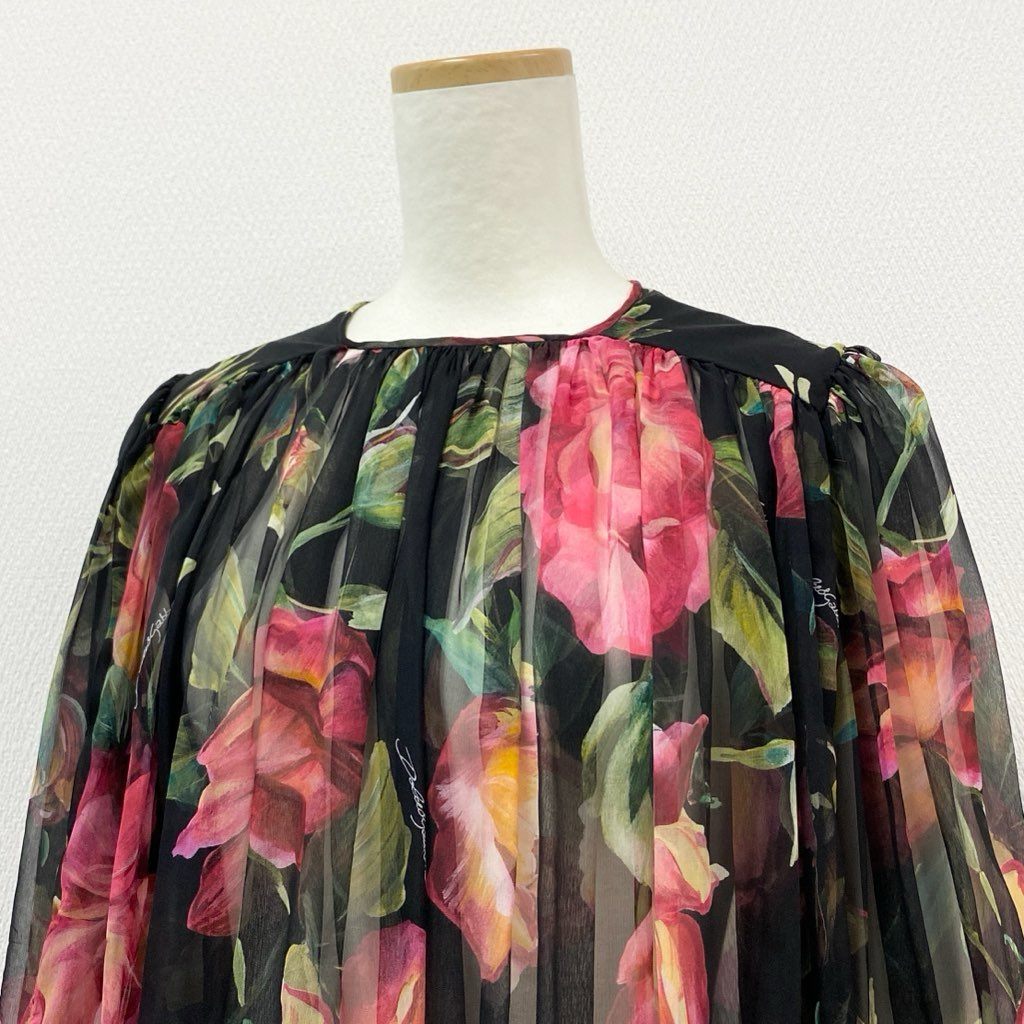 4f7 【美品】 DOLCE&GABBANA ドルチェ&ガッバーナ シルク100% 花柄シアーブラウス パフスリーブ ローズプリント サイズ36 マルチカラー レディース ブラウス
