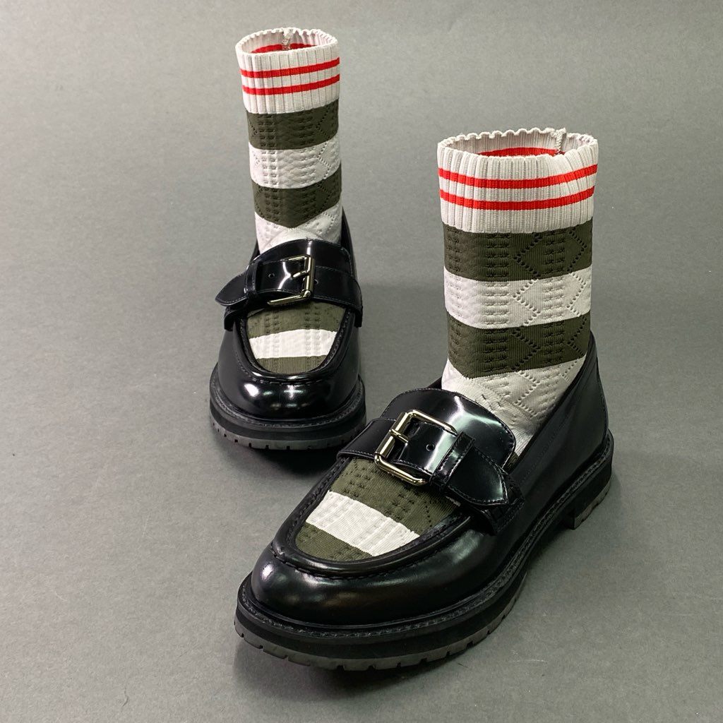 3e10 FENDI フェンディ ニットソックスローファー 37 ブラック レザー ピンバックルベルト 革靴 シューズ