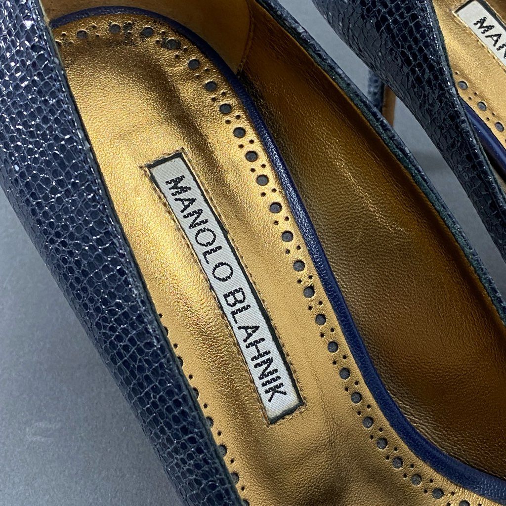 6h14 MANOLO BLAHNIK マノロブラニク Hangisi ハンギシ ビジュー ラインストーンパンプス 37 ネイビー シューズ イタリア製