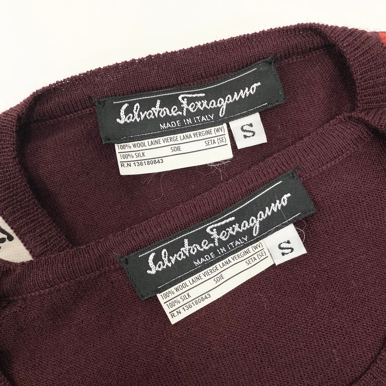50e8 Salvatore Ferragamo サルヴァトーレフェラガモ アンサンブルニット ツインニット シルク切替 長袖カーディガン 半袖トップス フラワーモチーフ サイズS ワインレッド ウール シルク レディース 女性用u02t