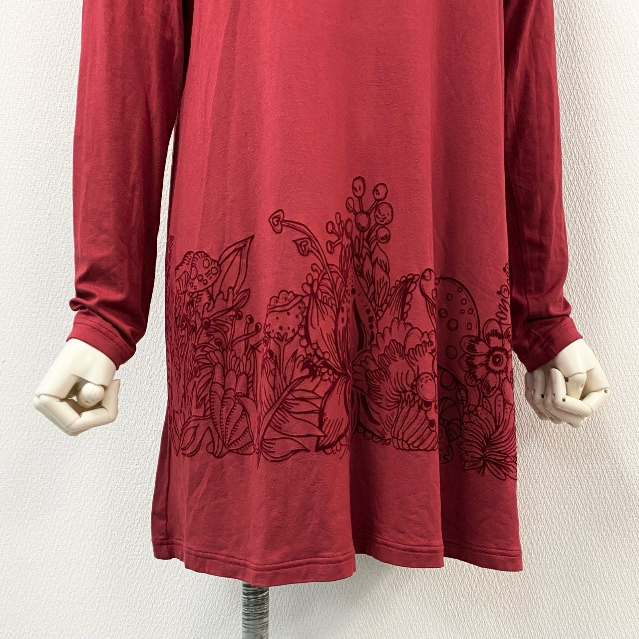 45h15 TOKUKO 1er Vol トクコプルミエヴォル 花柄刺繍 ボトルネック 長袖チュニック カットソー ロングスリーブ ワンピース ドレス 9 Mサイズ レッド レディース 日本製o07t