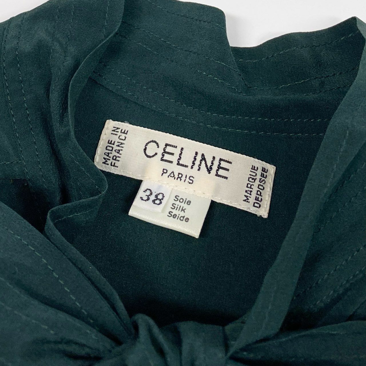 Eb26 CELINE セリーヌ ボウタイブラウス シャツ トリオンフ刺繍 38 グリーン シルク レディースu02t
