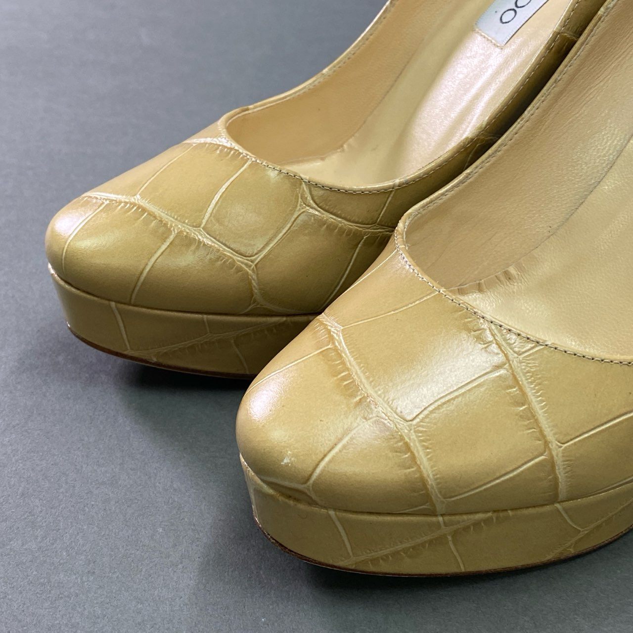 5c18 イタリア製 JIMMY CHOO ジミーチュウ クロコ型押し ハイヒール パンプス ピンヒール シューズ 37 ベージュ系
