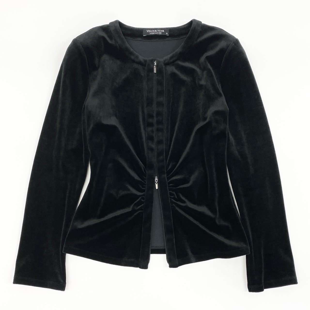 38f9 VELOUR NOIR by FOXEY ベロアノアール フォクシー ノーカラー ダブルジップ ベロアジャケット ドレープギャザー サイズ42 ブラック レディース カーディガン