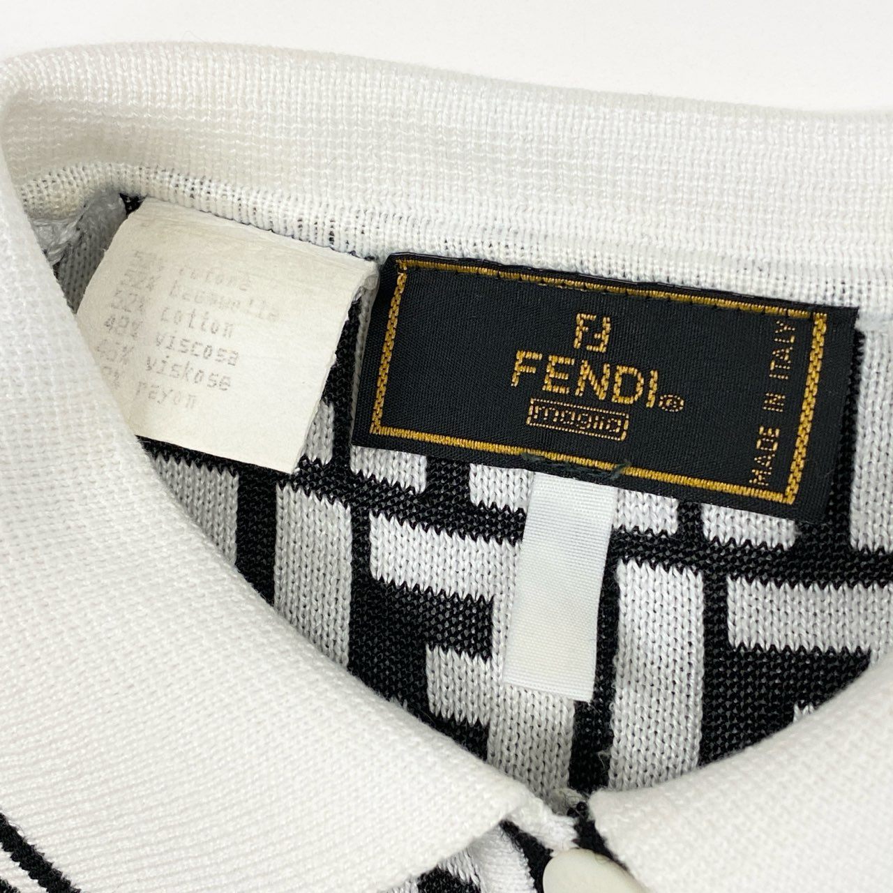 Ac2 FENDI フェンディ ヴィンテージ ニットポロシャツ ズッカ柄 S相当 ホワイト、ブラック レディース トップスk02i