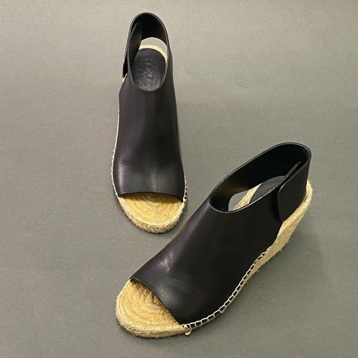 3l22 ② 《美品》 CELINE セリーヌ ウェッジソール レザーサンダル 37 ブラック Leather エスパドリーユ スペイン製 シューズ 夏
