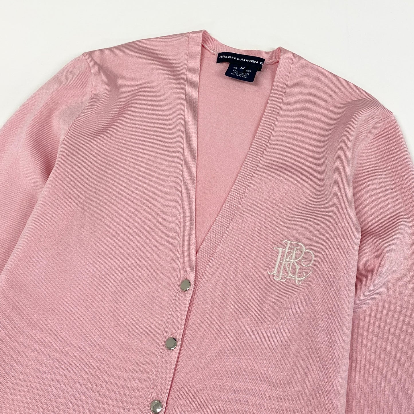 56h1《美品》 RALPH LAUREN GOLF ラルフローレン ゴルフ ロゴ刺繍 ストレッチカーディガン M ピンク シルバーボタン Vintage ヴィンテージt18r