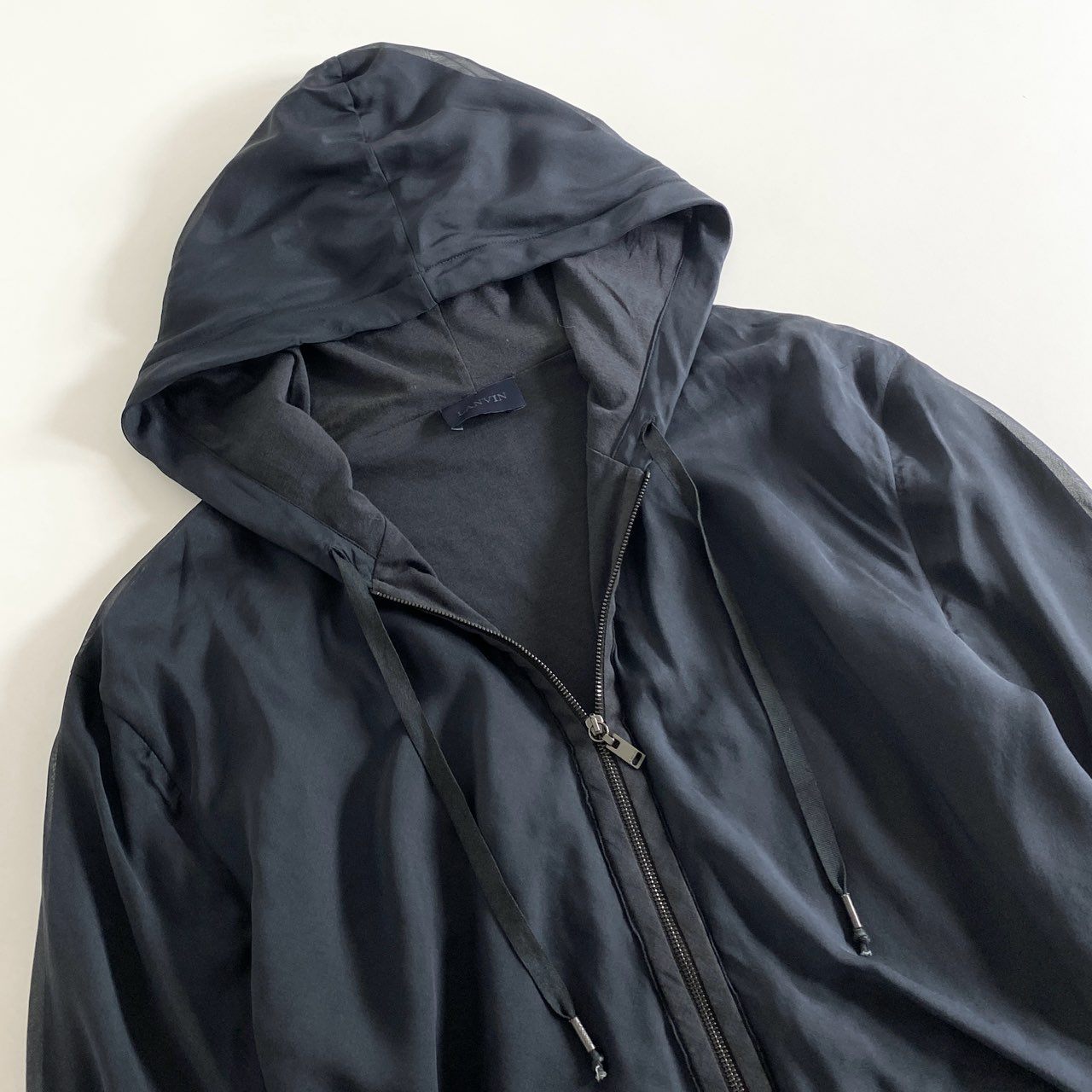 25h9 LANVIN ランバン シルク100% ジップアップパーカー XL ネイビー トップス 羽織 薄手