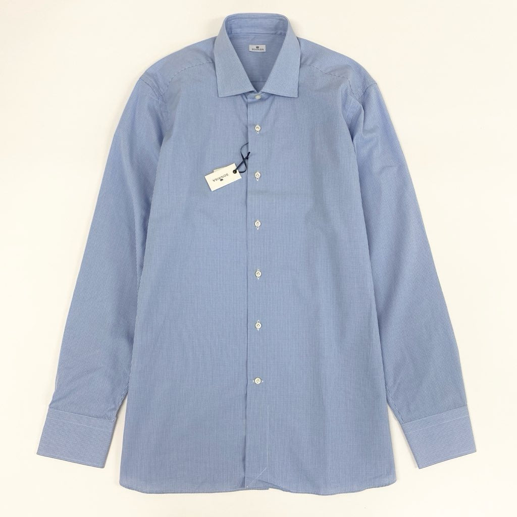 7f8 《未使用品》タグ付 SONRISA ソンリーサ ワイドカラー ドレスシャツ 長袖シャツ チェック柄 ビジネス◎ 大きいサイズ 42 16 1/2 ブルー コットン