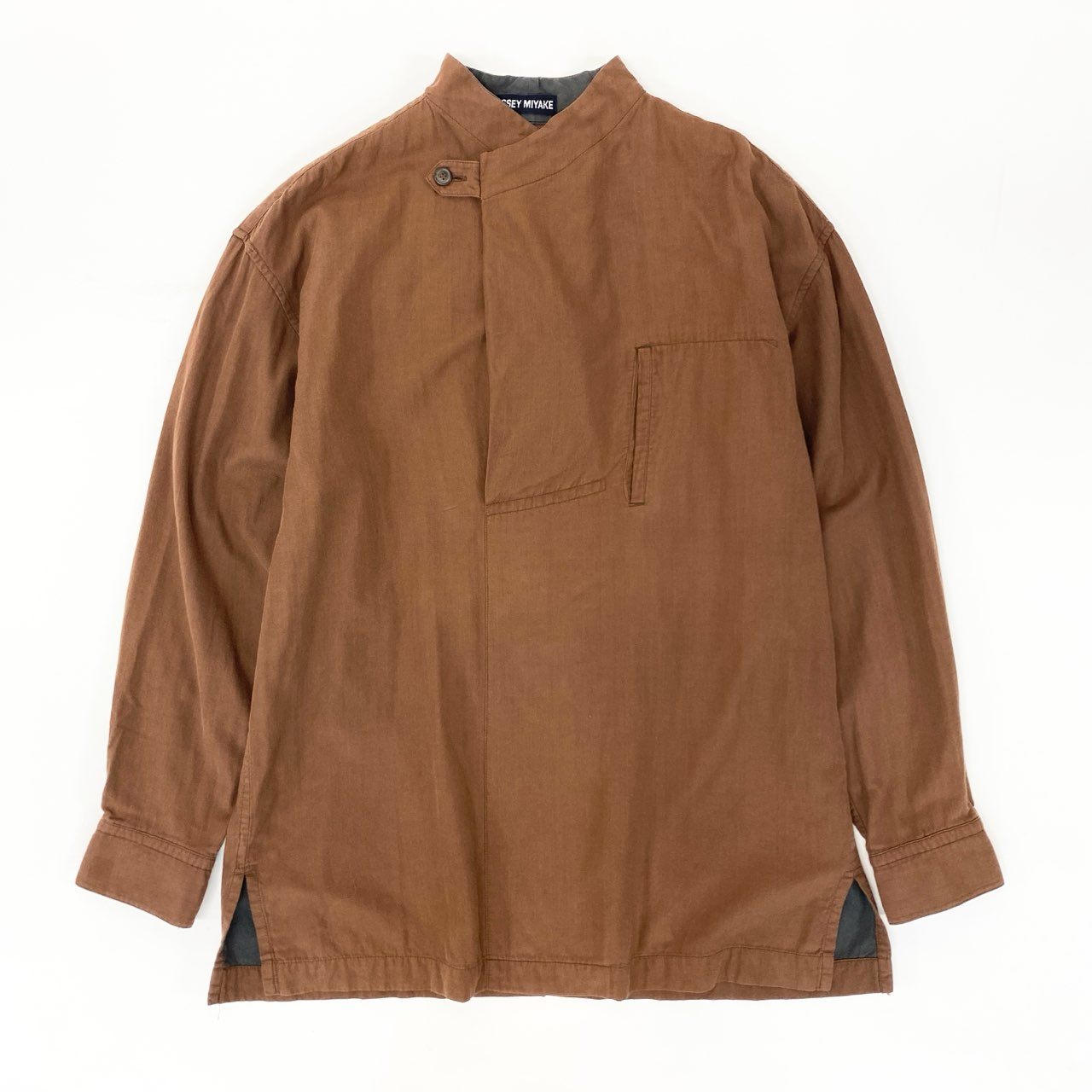 16j20 ISSEY MIYAKE イッセイミヤケ 長袖シャツ トップス オーバーチンストラップ サイズM ブラウン コットン メンズu02t