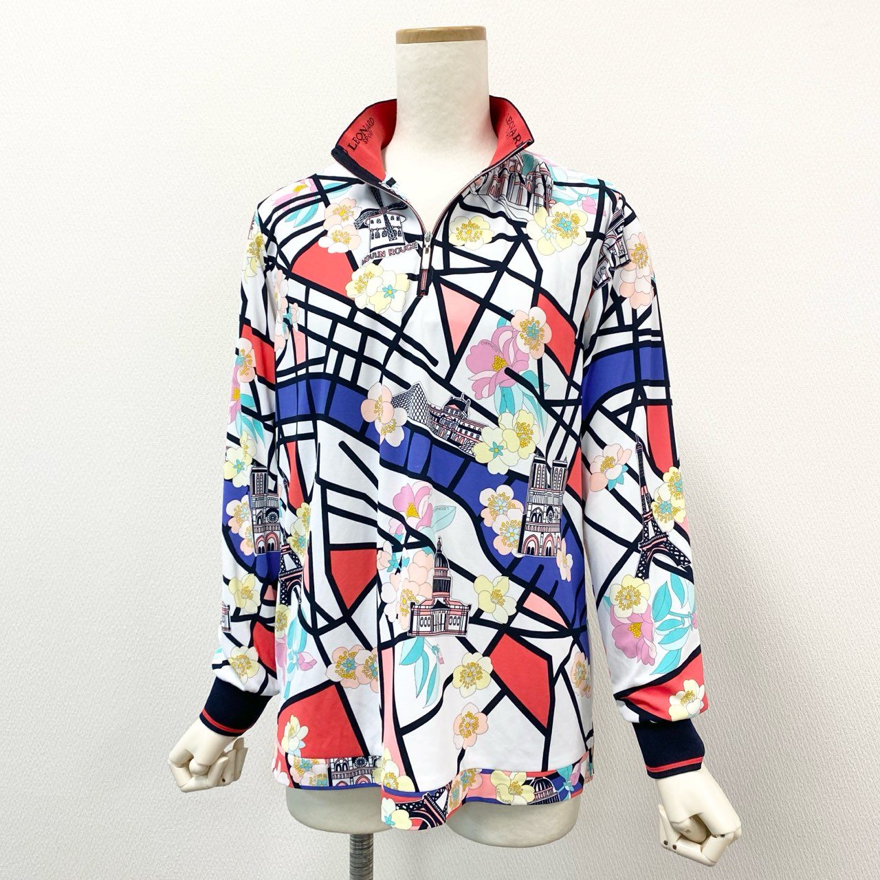 67g21 《美品》 LEONARD レオナール 伸縮ストレッチ 長袖シャツ ブラウス トップス 美しい花柄プリント ハーフジップ マルチカラー サイズ42 ポリエステル レディース 日本製