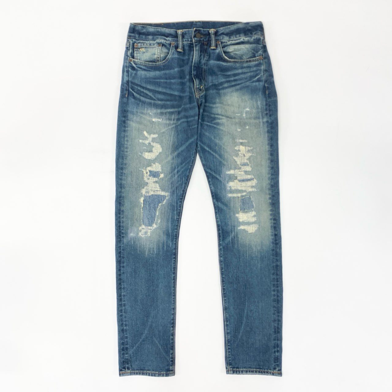 71i26 《美品》RRL ダブルアールエル デニムパンツ ダメージリペア加工 ジップフライ ロゴ刺繍 RN41381 29×30 インディゴ メンズk02i