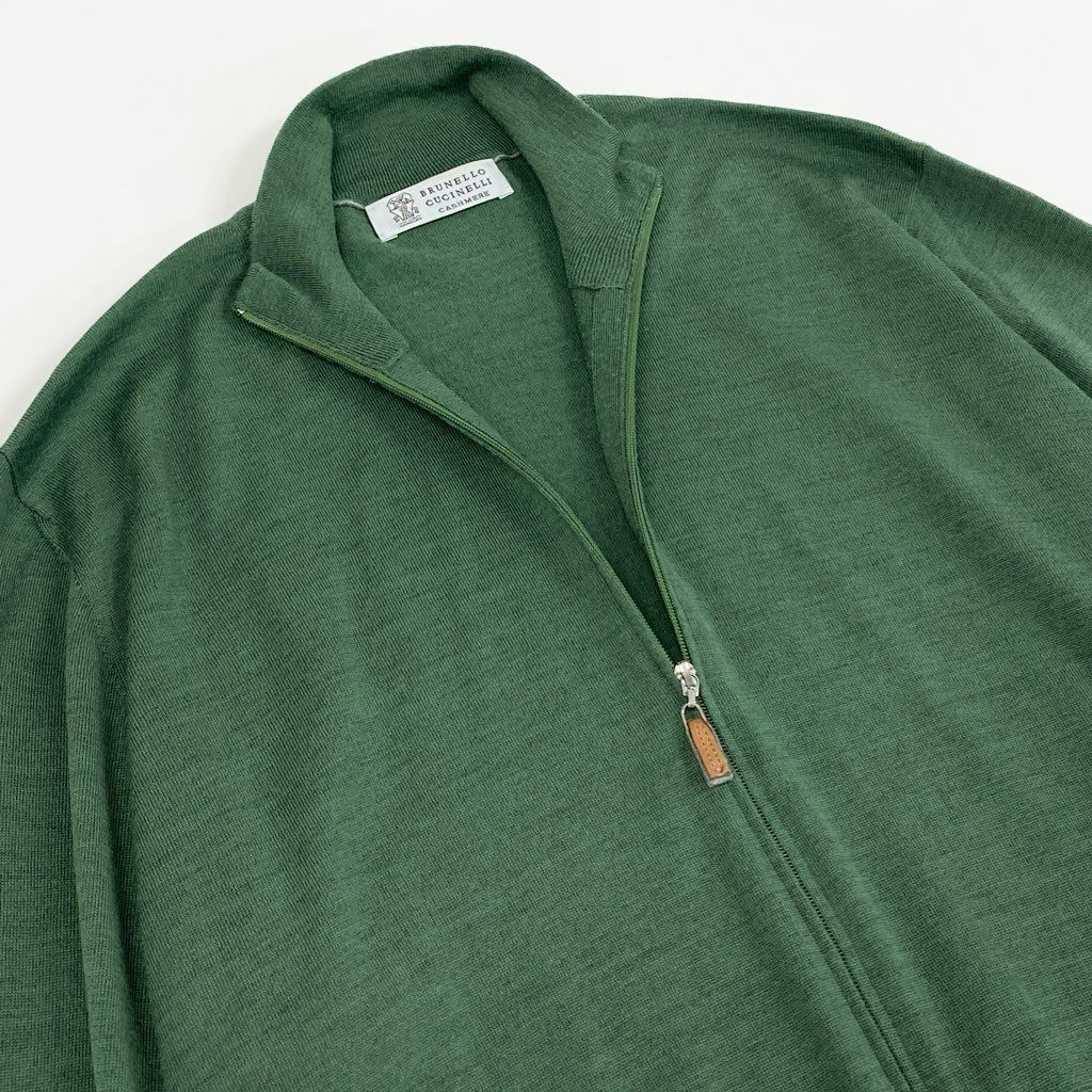 5f7 BRUNELLO CUCINELLI ブルネロクチネリ カシミヤ混 イタリア製 ドライバーズニット セーター ジップアップ エルボーパッチ グリーン ウール カシミア