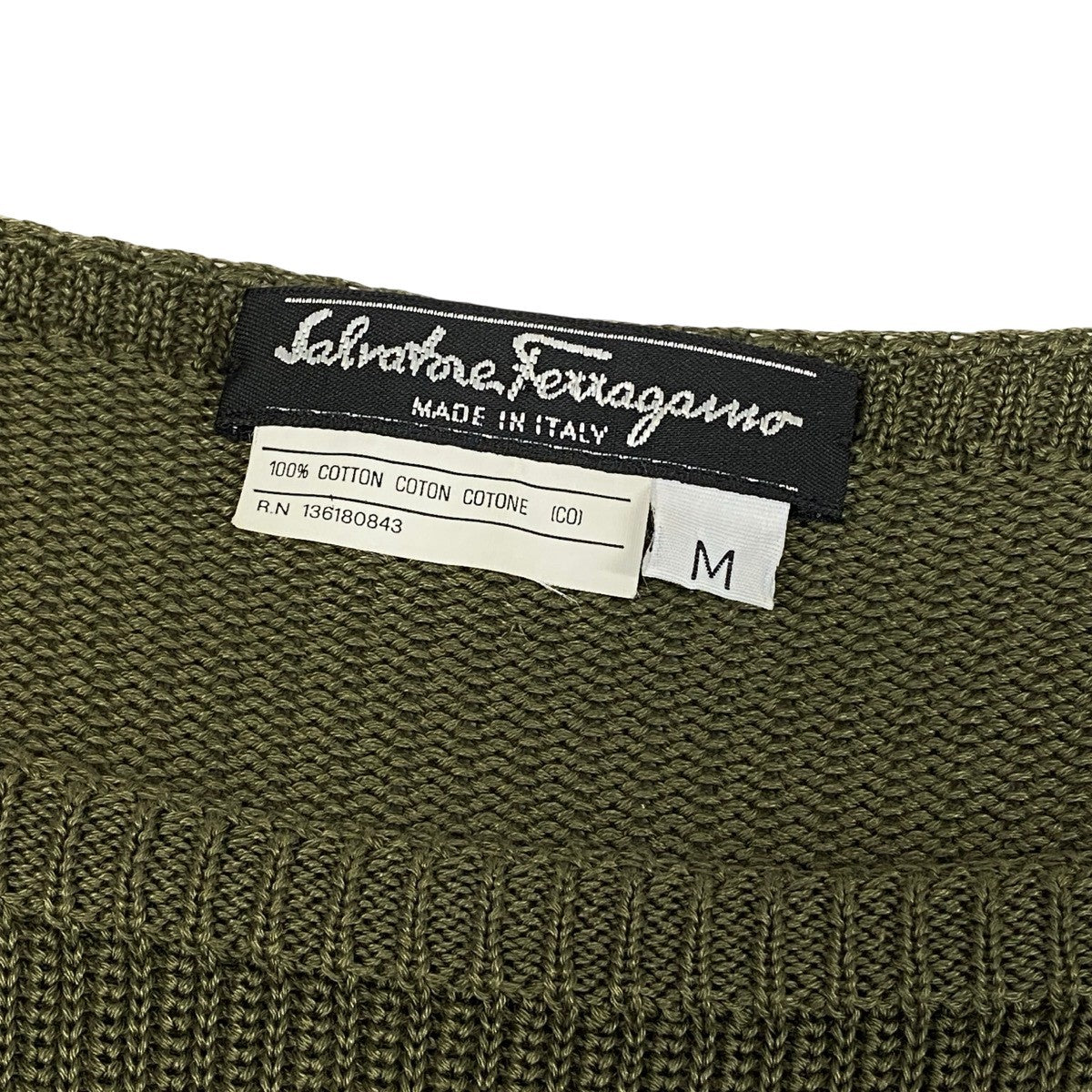 70g1 Salvatore Ferragamo サルヴァトーレフェラガモ ロングスリーブ ニットカットソー チュニック丈 ガンチーニ サイズM グリーン コットン100% レディースu02t