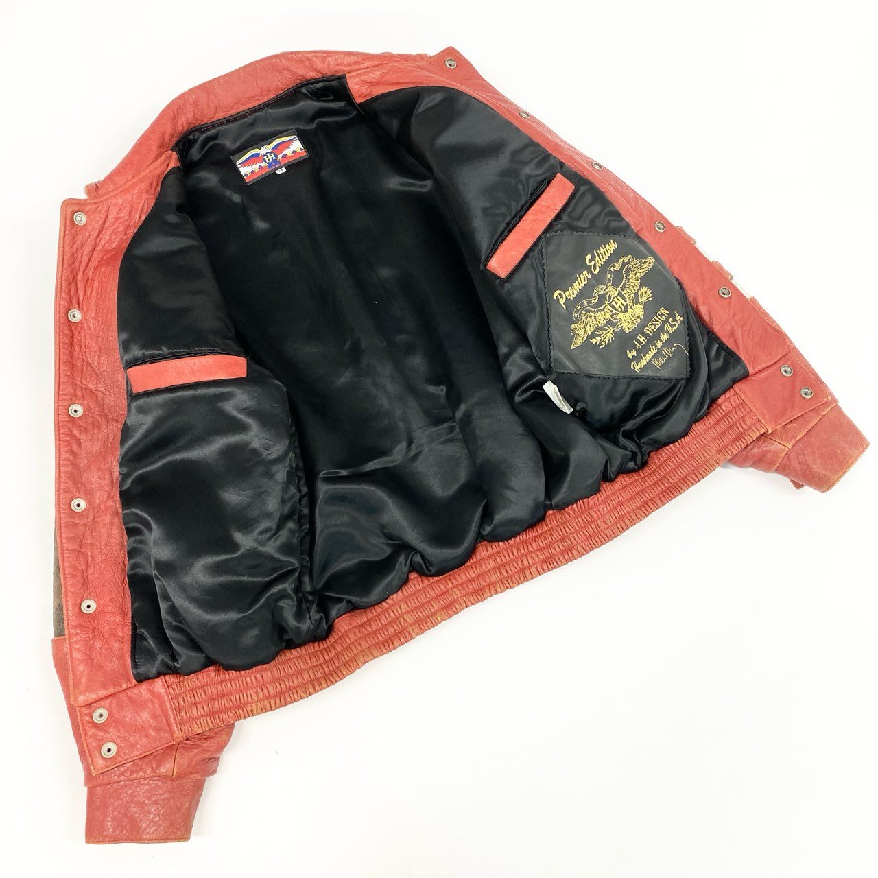 55h28 JEFF HAMILTON ジェフハミルトン NBA CHICAGO BULLS シカゴブルズ 3ピート記念 スタジャン レザージャケット 革ジャン ブルゾン USA製 Mサイズ レッド LEATHER メンズo07t