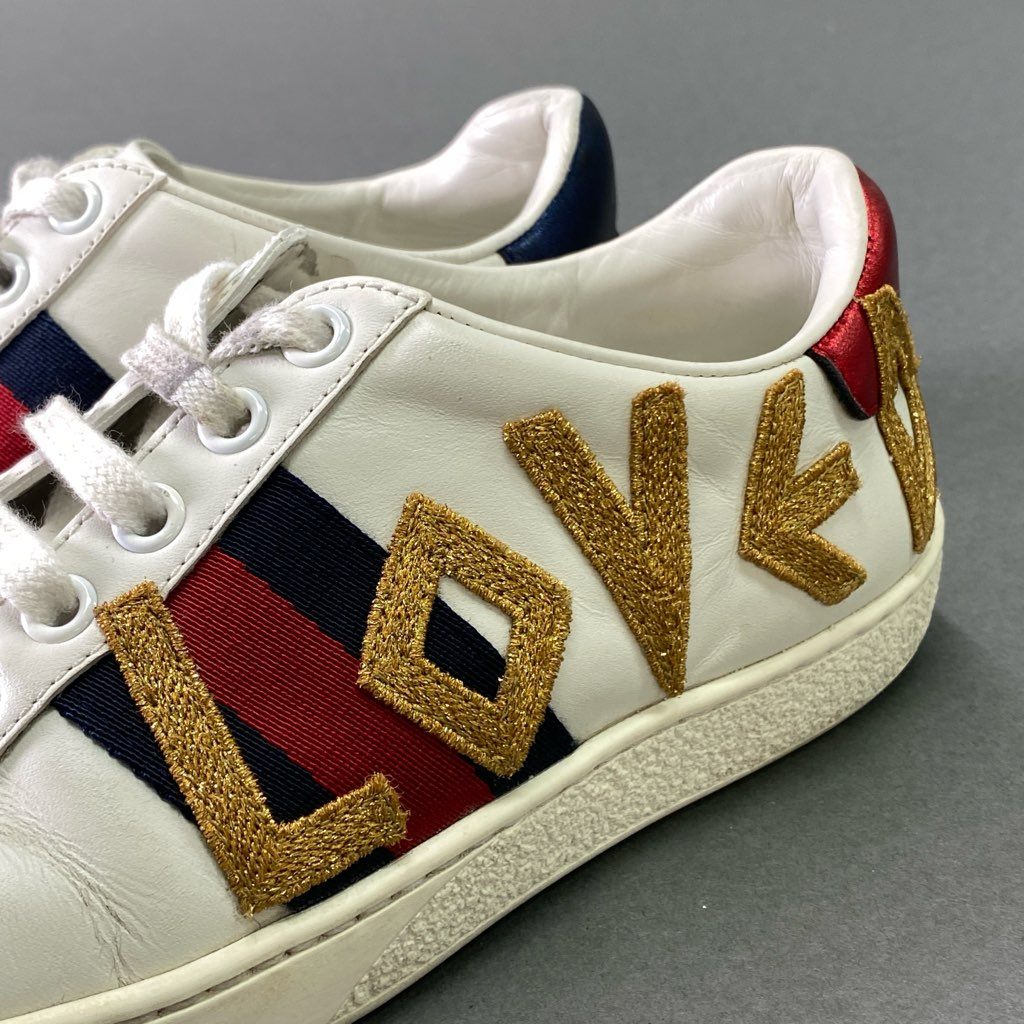 8e18 GUCCI グッチ エンブロイダリー LOVED スニーカー 34 1/2 ホワイト レザー シューズ イタリア製