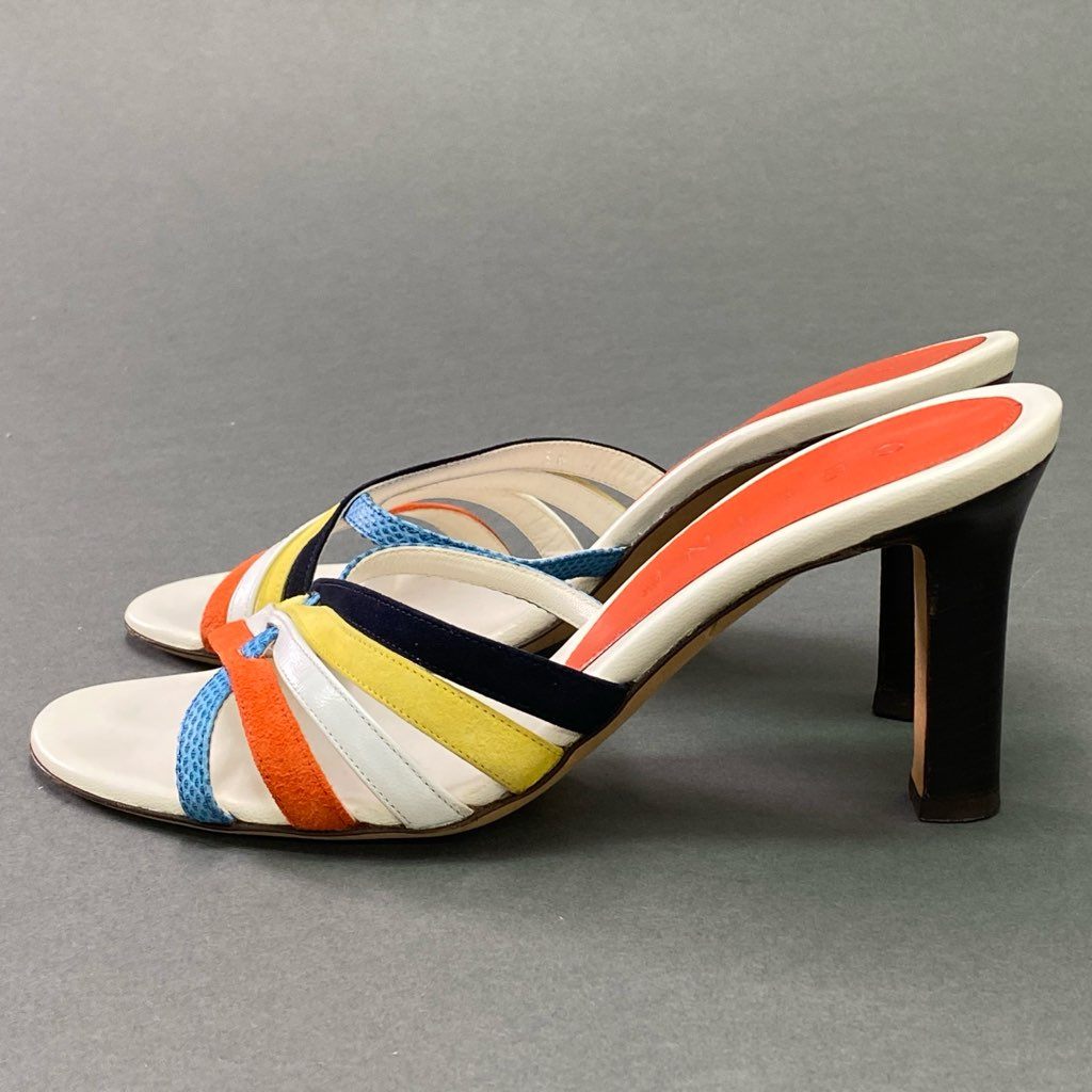 3d3 《美品》 CELINE セリーヌ マルチレザー ヒールサンダル 36 ホワイト マルチカラー Leather スエード カーフレザー イタリア製 シューズ