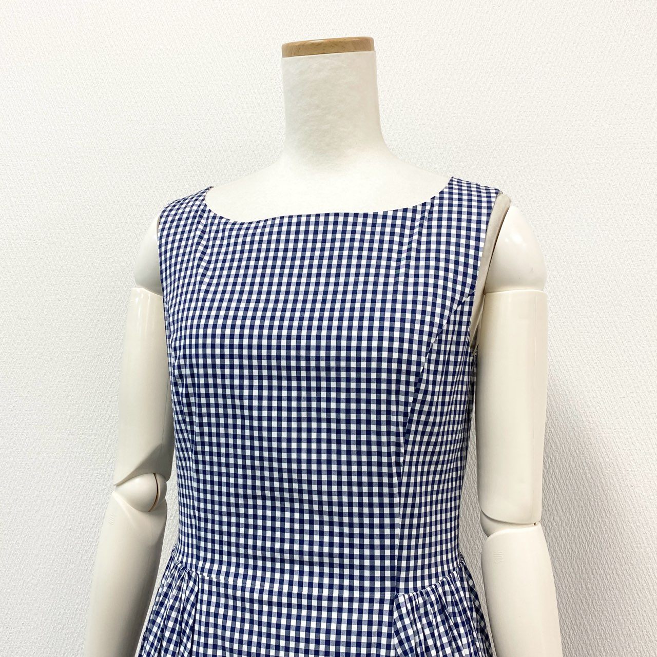 24d3 FOXEY NEW YORK フォクシー ニューヨーク ノースリーブワンピース カジュアルワンピース ギンガムチェック バックジップ 40087 サイズ40 ブルー ホワイト レディース 日本製