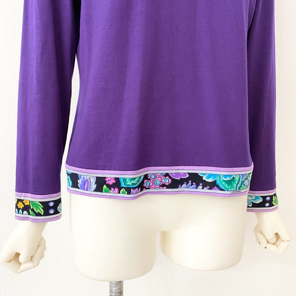34d10 LEONARD レオナール ハイゲージ ニット セーター 美しい花柄プリント切替 サイズL パープル ウール100% レディース 日本製