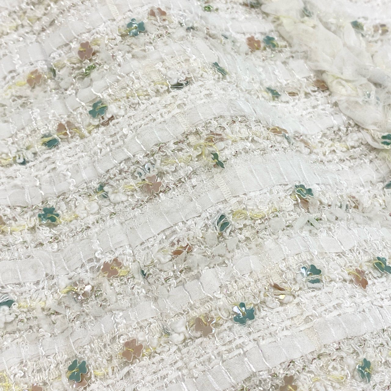 62g18 《美品》 Rene ルネ スパンコール × ツイード フロントジップ ノースリーブワンピース 34 ホワイト フリンジ ドレス