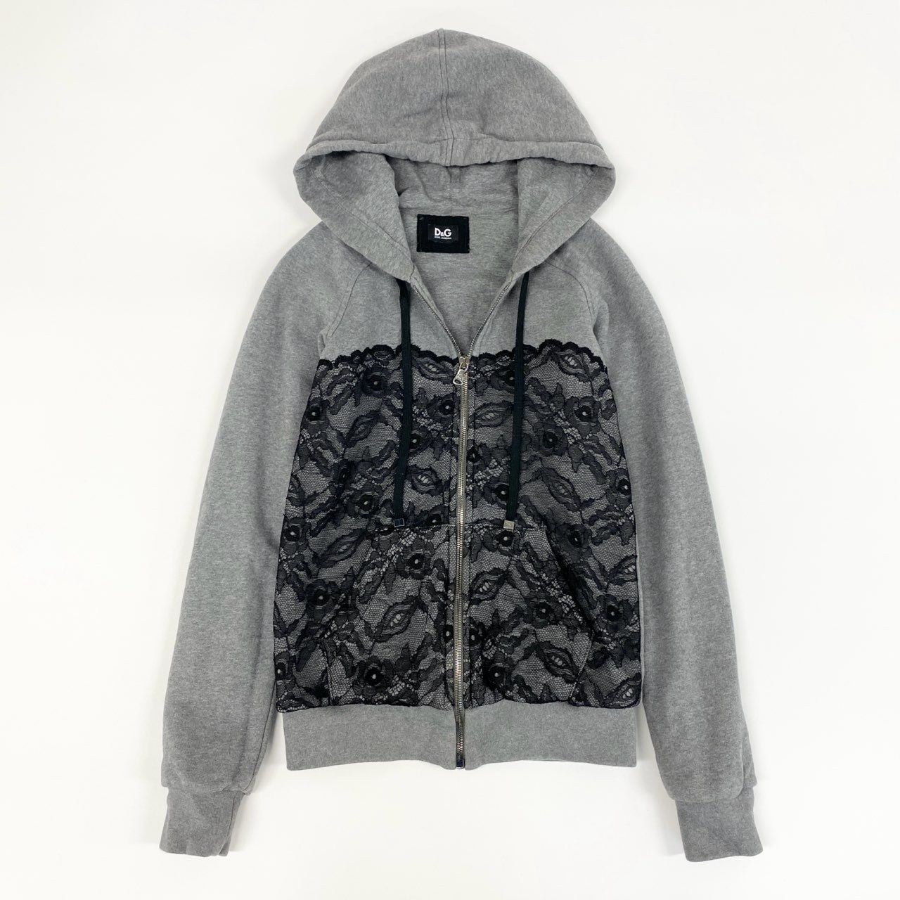 11f12 DOLCE&GABBANA ドルチェアンドガッバーナ 長袖パーカー 羽織 レース切替 フーディーパーカー フルジップ トップス レディース 38 グレー 画像参照