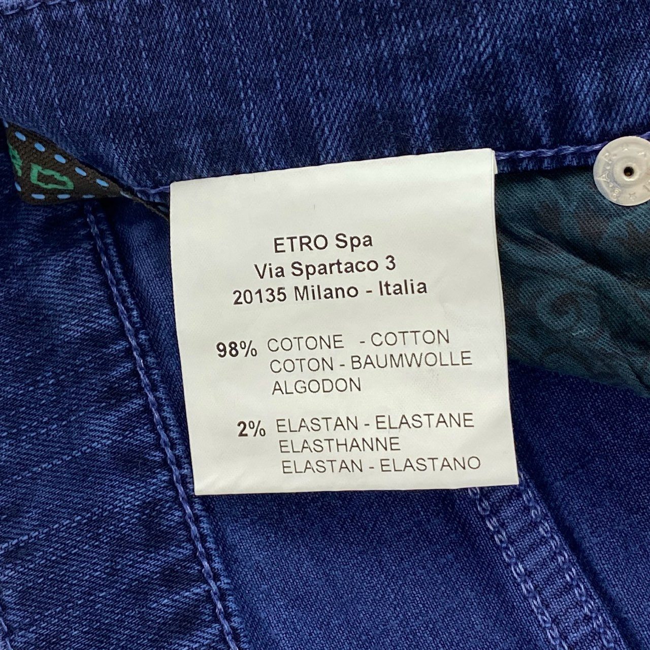 21f17 《未使用保管品》タグ付 ETRO エトロ イタリア製 デニムパンツ ジーンズ ボトムス 革パッチ ポケット刺繍 14776 34 ブルー コットン
