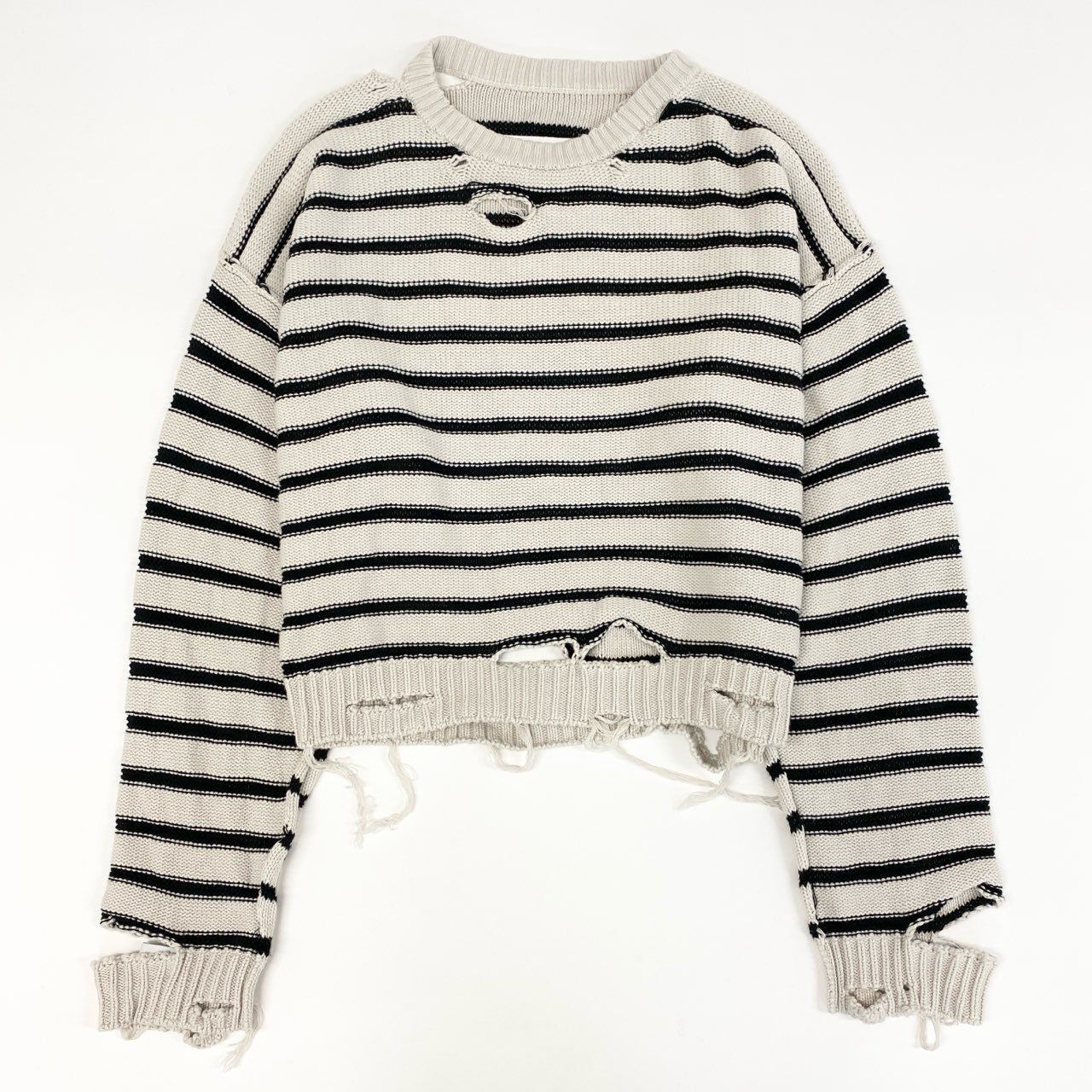 19g28《美品》 MM6 エムエムシックス メゾンマルジェラ Border sweater ダメージ加工 コットンニットセーター イタリア製 S52GP0141 XS ベージュ ブラック コットン レディース