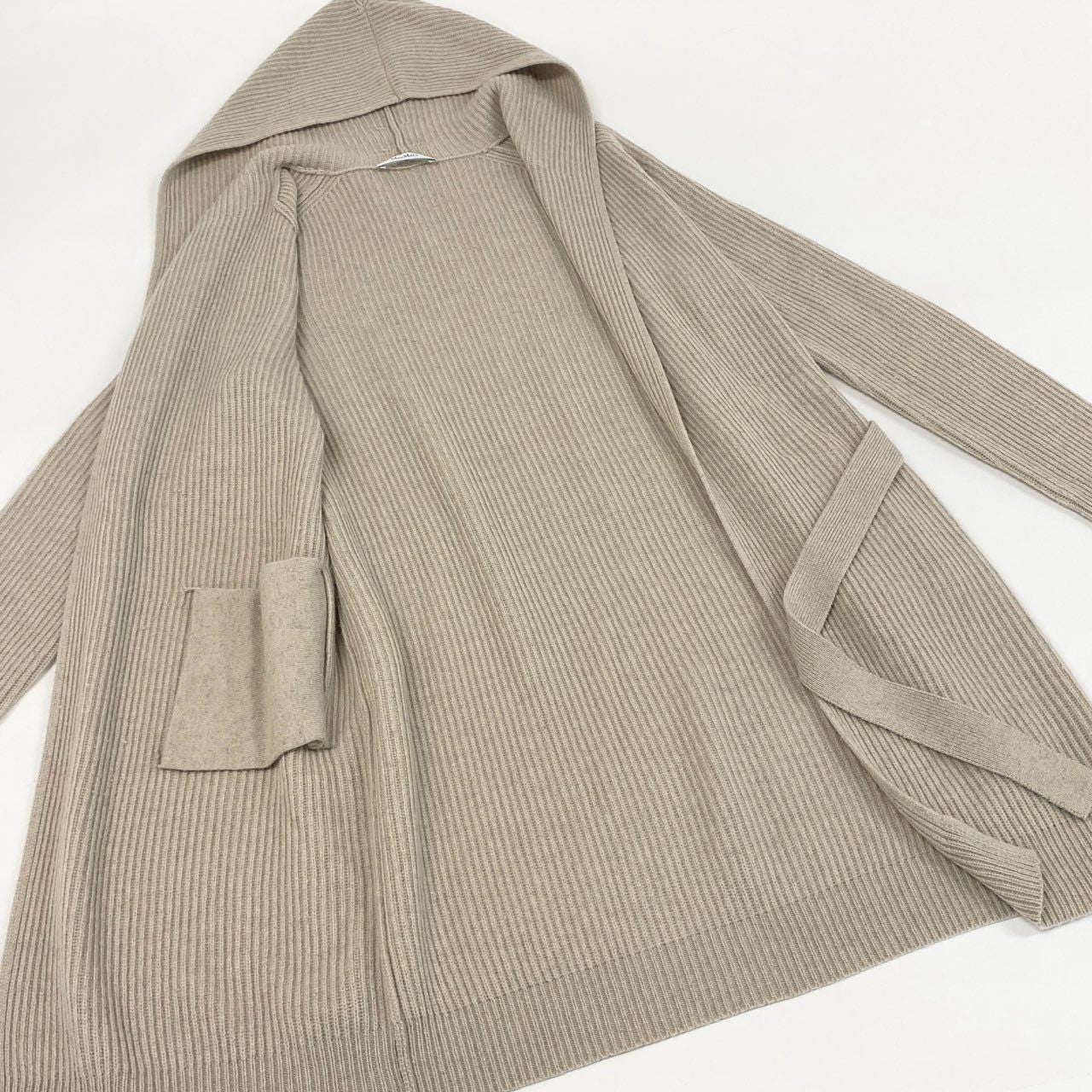 61g23 MAX MARA 白タグ フード ベルテッド ロングカーディガン ガウンコート ニット ウエストマーク グレージュ レディース