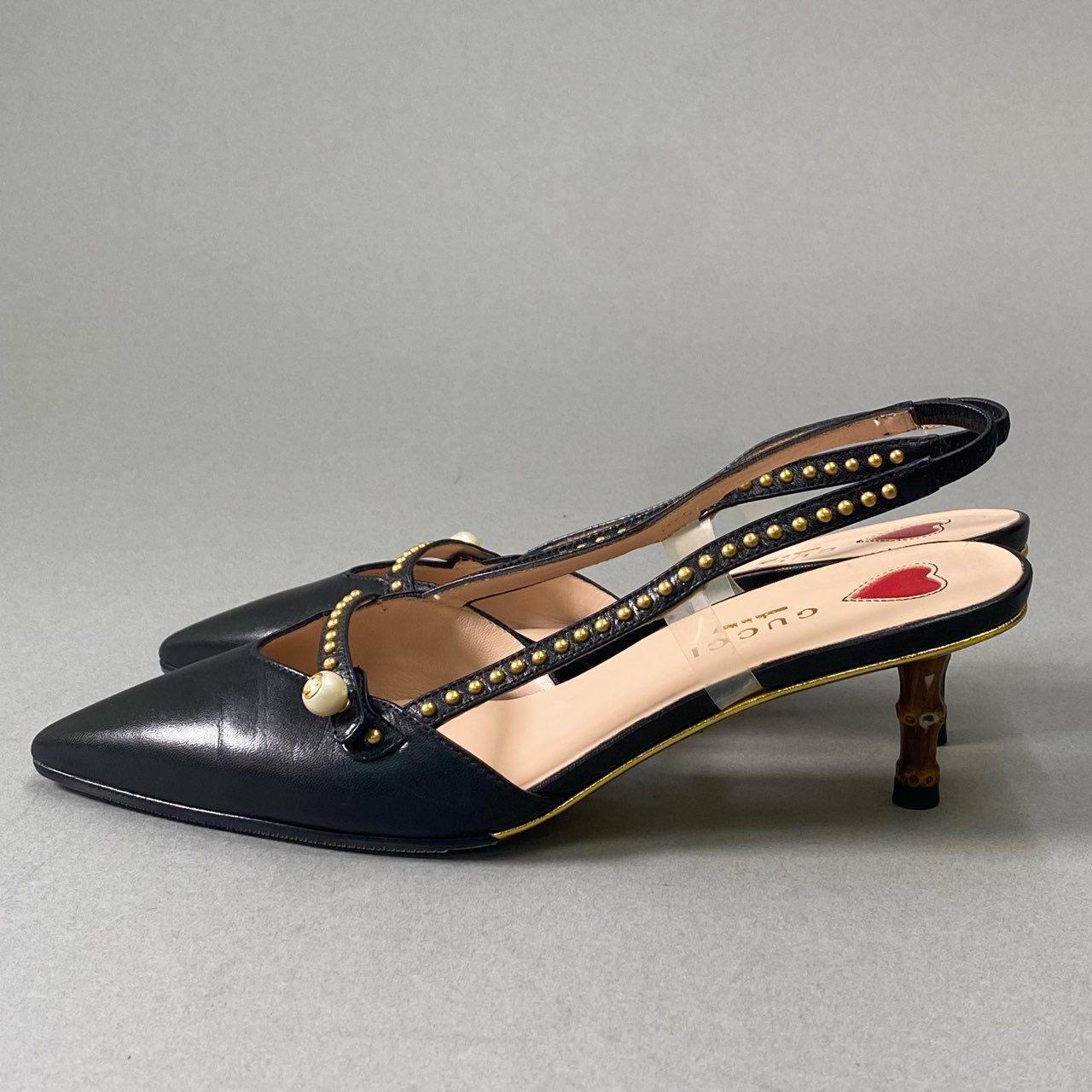 6i18 GUCCI グッチ スリングバック パンプス スタッズ パール バンブーヒール シューズ イタリア製 460127 34 1/2 ブラック レザー レディースk02i