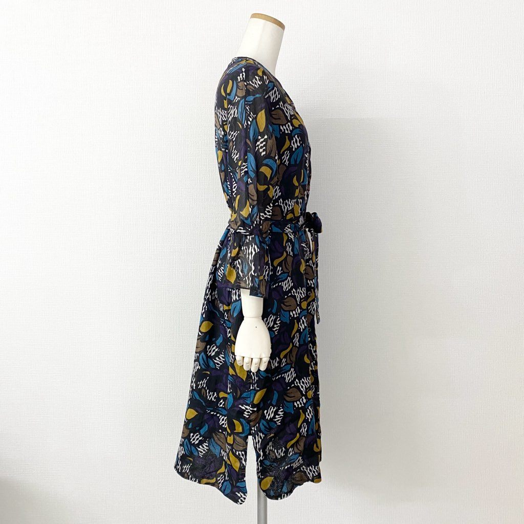 23h21 《未使用保管品》 定価¥82,500 タグ付 S MaxMara エスマックスマーラ 長袖ワンピース ドレス ロングスリーブ ウエストベルト 総柄プリント 前開き 38 ネイビー ラミー