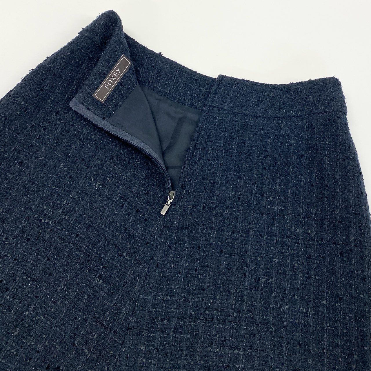 76a14 《美品》 FOXEY フォクシー クラシックツイード セットアップ ノーカラージャケット スカート 35283 38 ミッドナイトブルー セレモニー 日本製 結婚式
