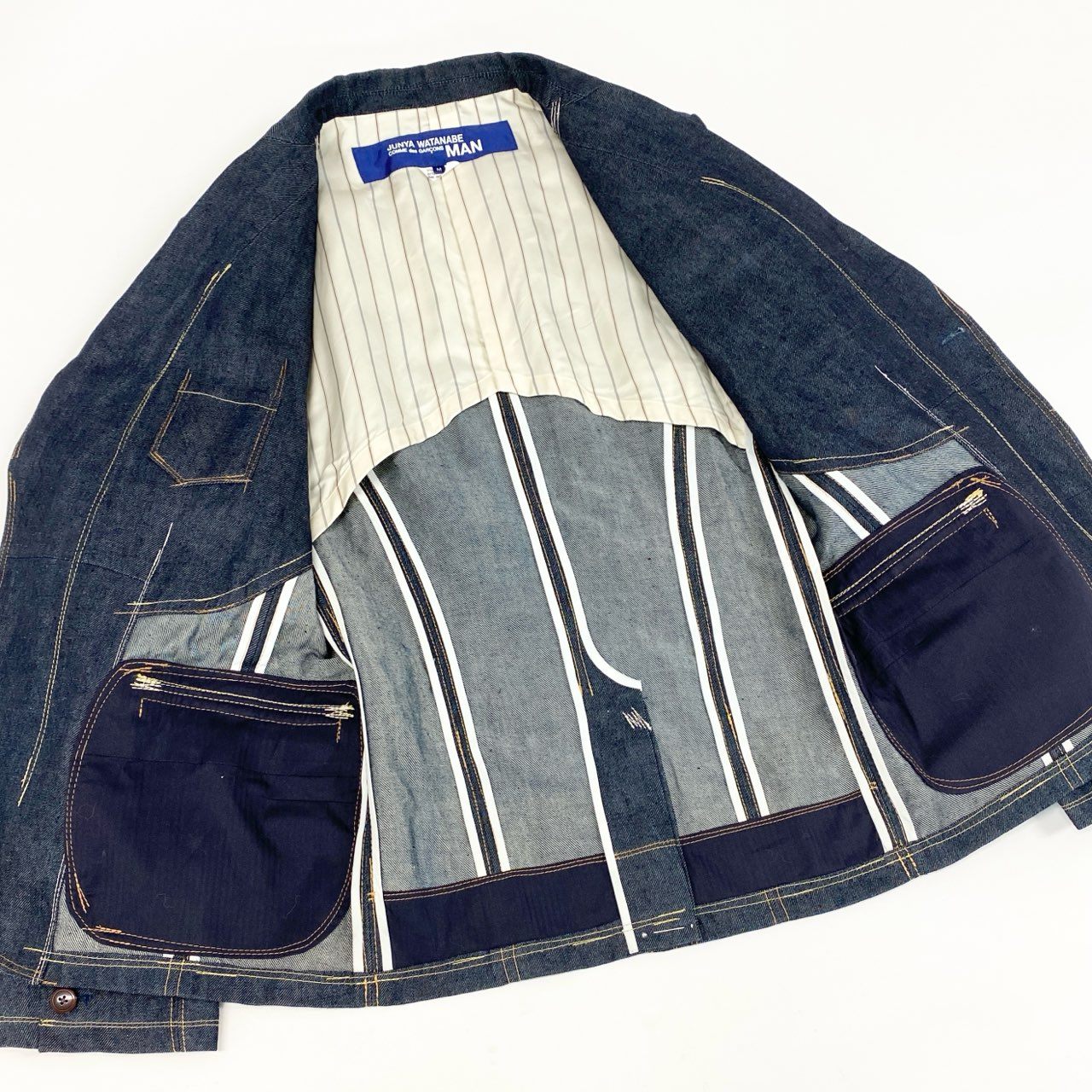 35i9 JUNYA WATANABE COMME des GARCONS MAN ジュンヤワタナベコムデギャルソンマン 日本製 リネンデニム 3Bジャケット エルボーステッチデザイン ピークドラペル WG-J027 Mサイズ インディゴブルー メンズk02i