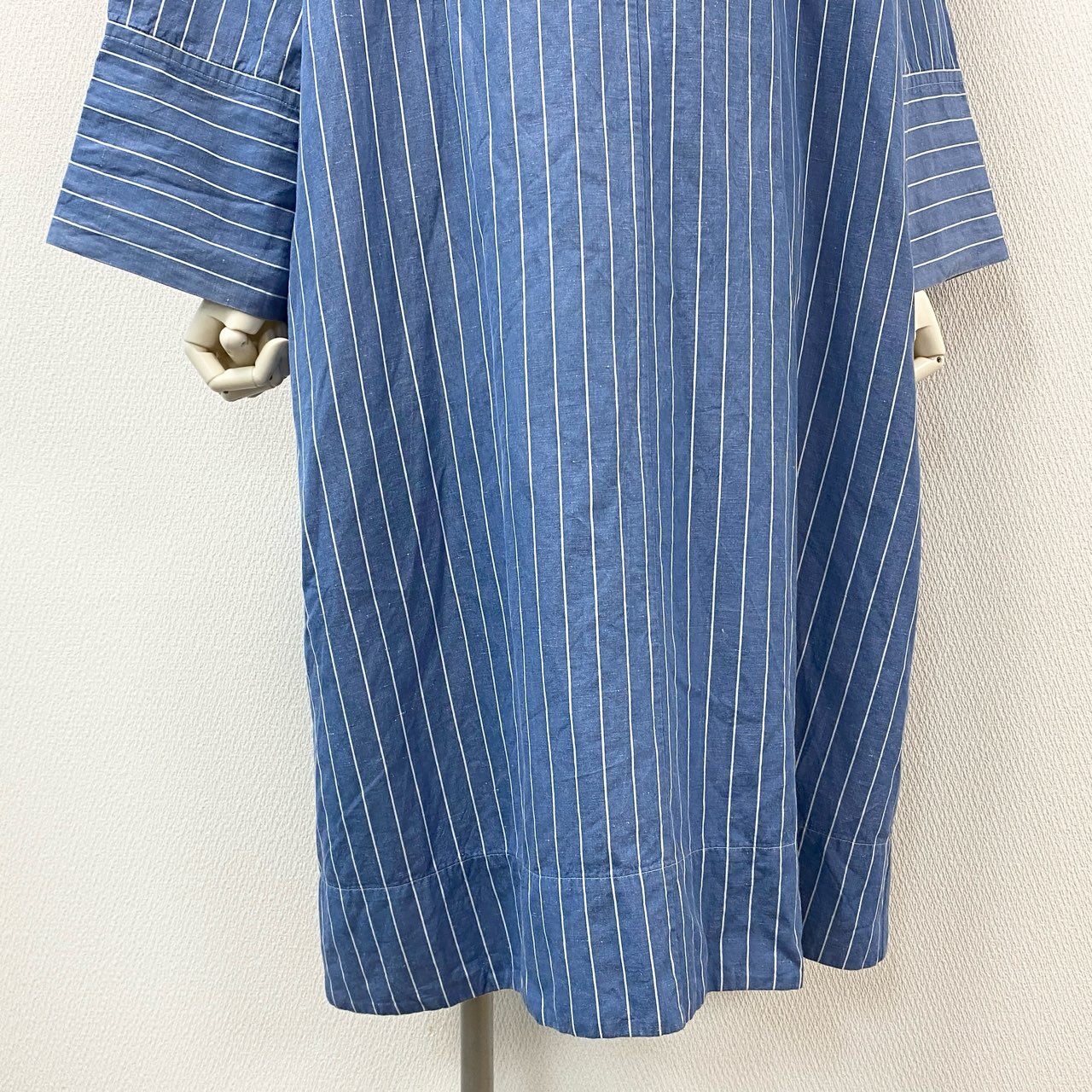 68g24 Scye サイ 完売品 COTTON LINEN DR 半袖ワンピース ロングワンピース ストライプ 1221-01050 サイズ36 ブルー ホワイト コットン リネン レディース 日本製_