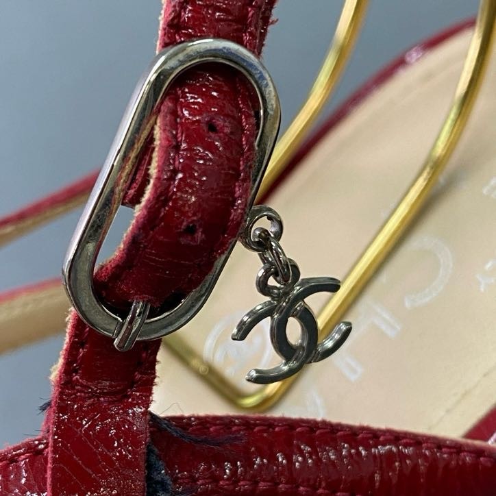 2a6 CHANEL シャネル ココマークチャーム ウェッジソール コルクサンダル 37 レッド エナメル シルバー金具 イタリア製 シューズ 夏