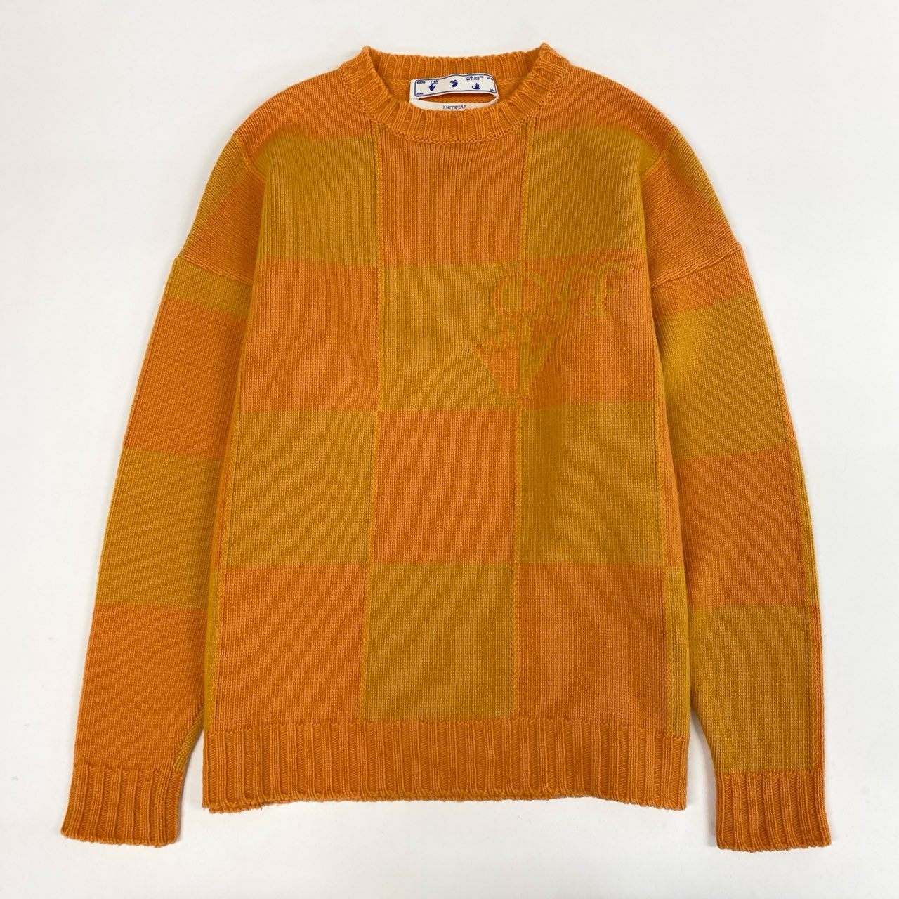 73j28 off White オフホワイト イタリア製 KNITWEAR ロングスリーブ ニットセーター ウールニット チェック柄 M オレンジ 羊毛o07t