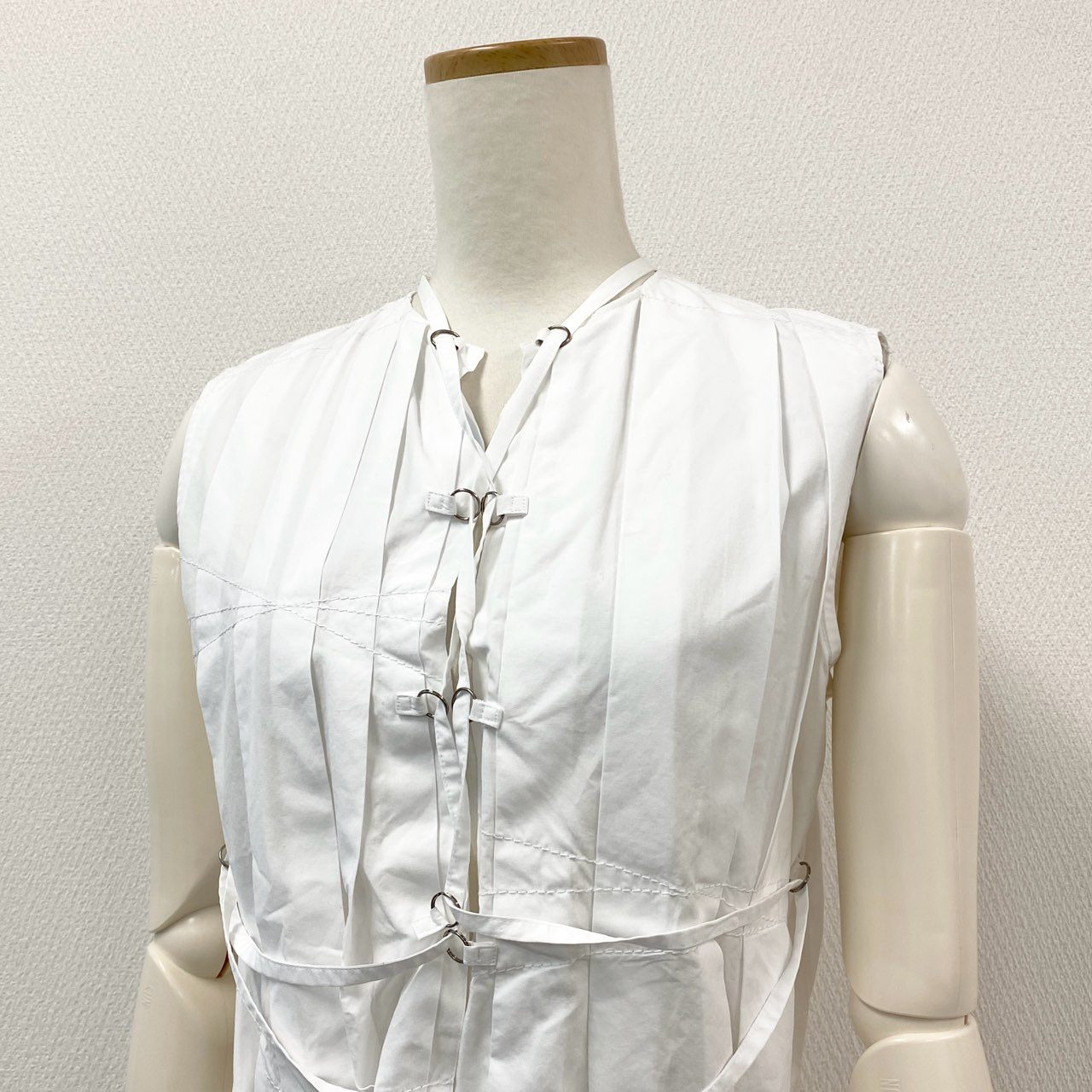 57h4 Jean Paul GAULTIER ジャンポールゴルチエ レースアップ ノースリーブブラウス シャツ ベスト レイヤード◎ チュニック丈 40 ホワイト コットン レディース