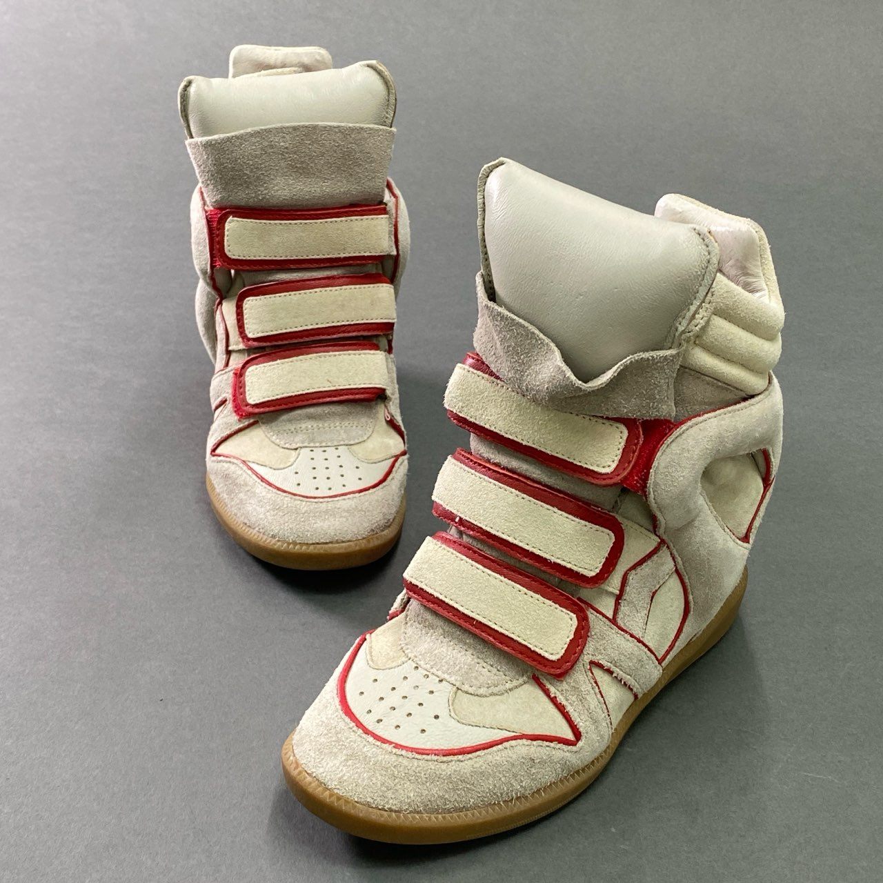 7c11 ISABEL MARANT イザベルマラン スエードレザー インヒール ハイカットスニーカー 36 グレージュ レッド スウェード ベルクロ シューズ