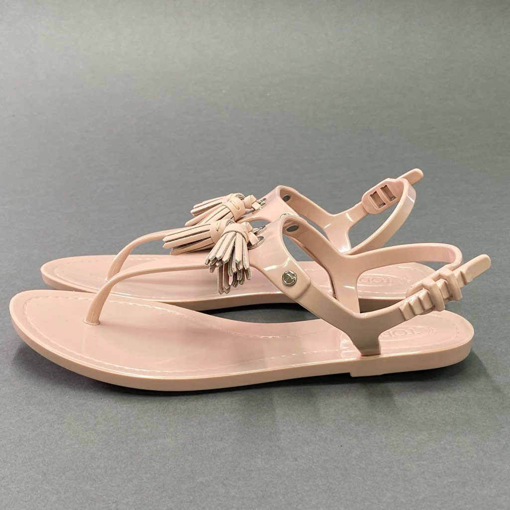 4d7 【美品】 TODS トッズ トングサンダル タッセル レザーサンダル ラバー バックストラップ レディース シューズ 37 ライトピンク