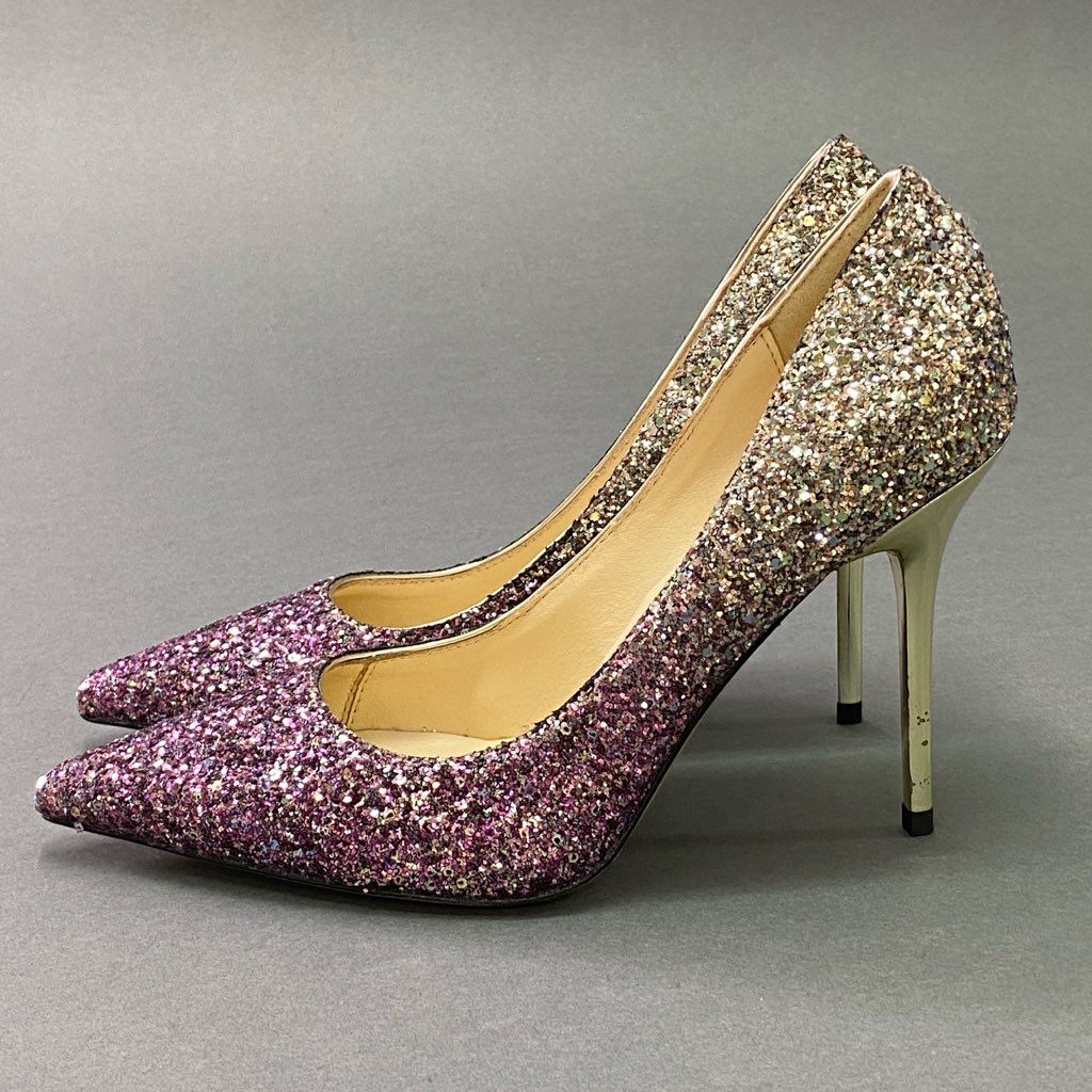 1d12 《美品》 JIMMY CHOO ジミーチュウ グリッター パンプス ピンヒール ラメ イタリア製 ハイヒールパンプス レディース 38 ピンク系 結婚式