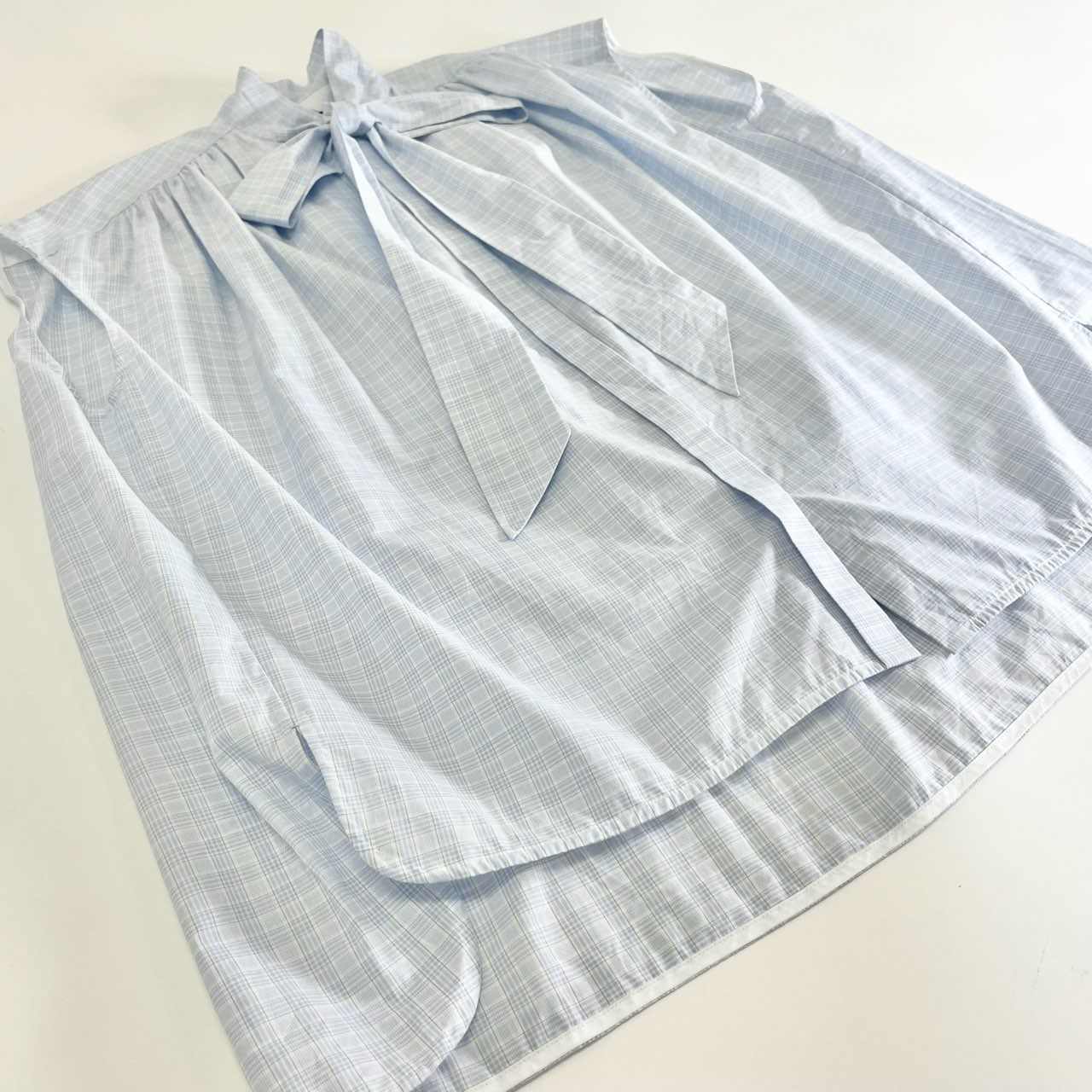 10j31 《美品》 Drawer ドゥロワー コットンチェックギャザーブラウス ノースリーブトップス 6521-299-0781 サイズ36 ライトブルー コットン100% レディース ユナイテッドアローズ 日本製