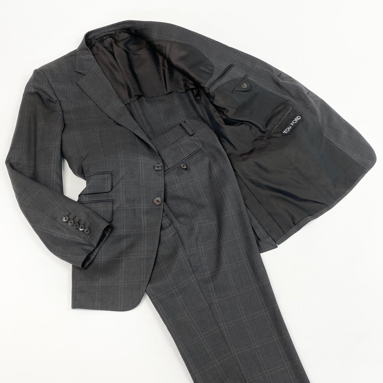 38d28 TOM FORD トムフォード シングルスーツ セットアップ チェック柄 24YA4C サイズ52 7R グレー ウール100% イタリア製