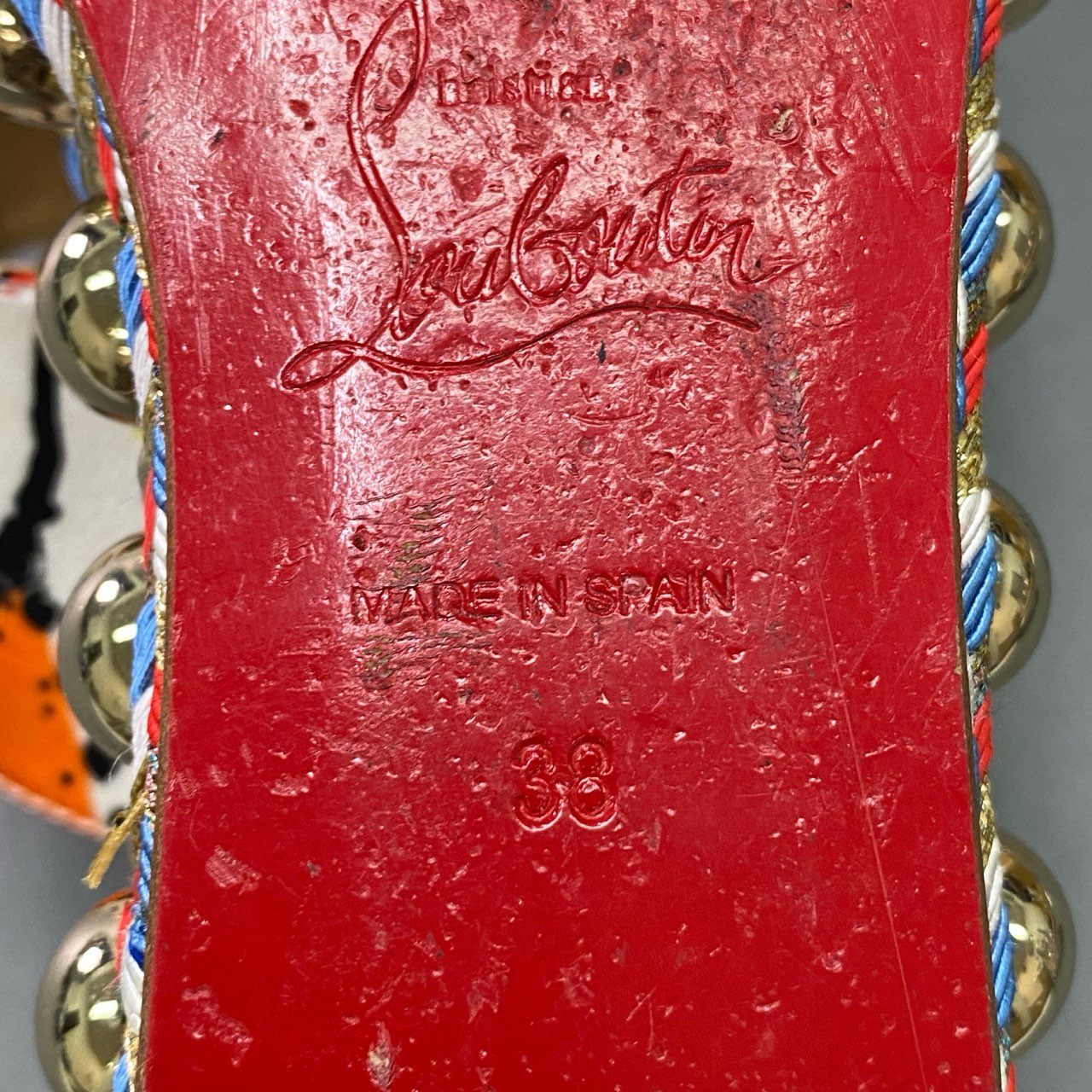1b28 Christian Louboutin クリスチャンルブタン オープントゥ サンダル ウェッジソール スタッズ 総柄 イタリア製 レディース 38 マルチカラー