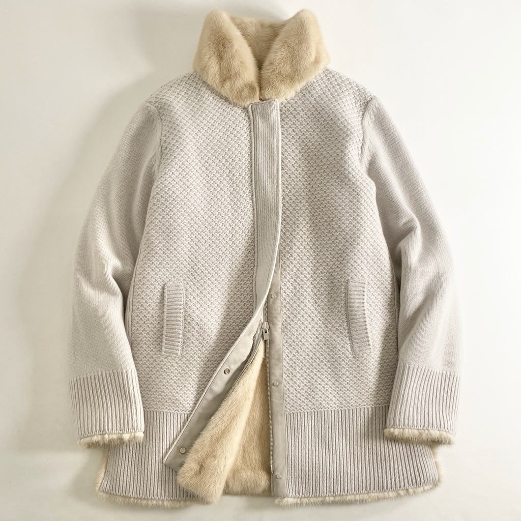 81i11 【美品】Loro Piana ロロピアーナ ベビーカシミヤ100% リバーシブル ローゲージニットブルゾン ミンクファー 毛皮コート FAI6284 サイズM レディース 女性用 アウター
