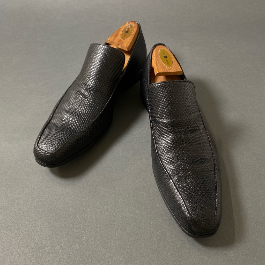 3f29 GUCCI グッチ リザードローファー 40E ブラック レザー ドレスシューズ スリッポン イタリア製 紳士靴 革靴 トカゲ