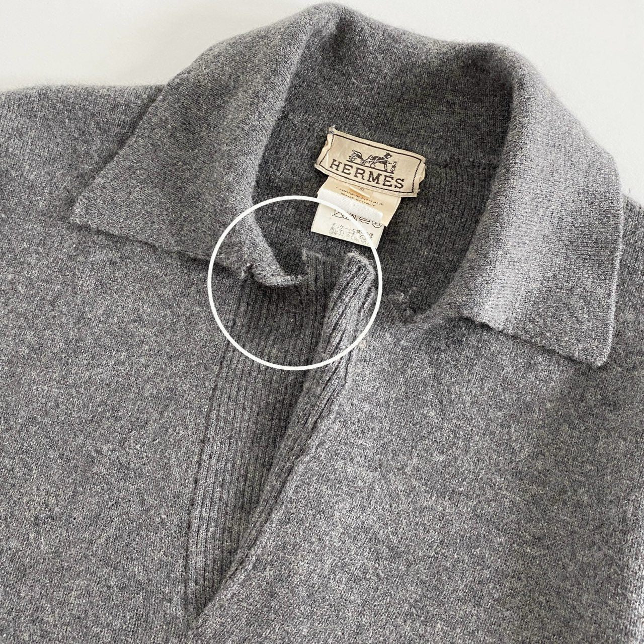5i4 HERMES エルメス 襟付き カシミヤニットトップ セーター S グレー CASHMERE 100% イタリア製