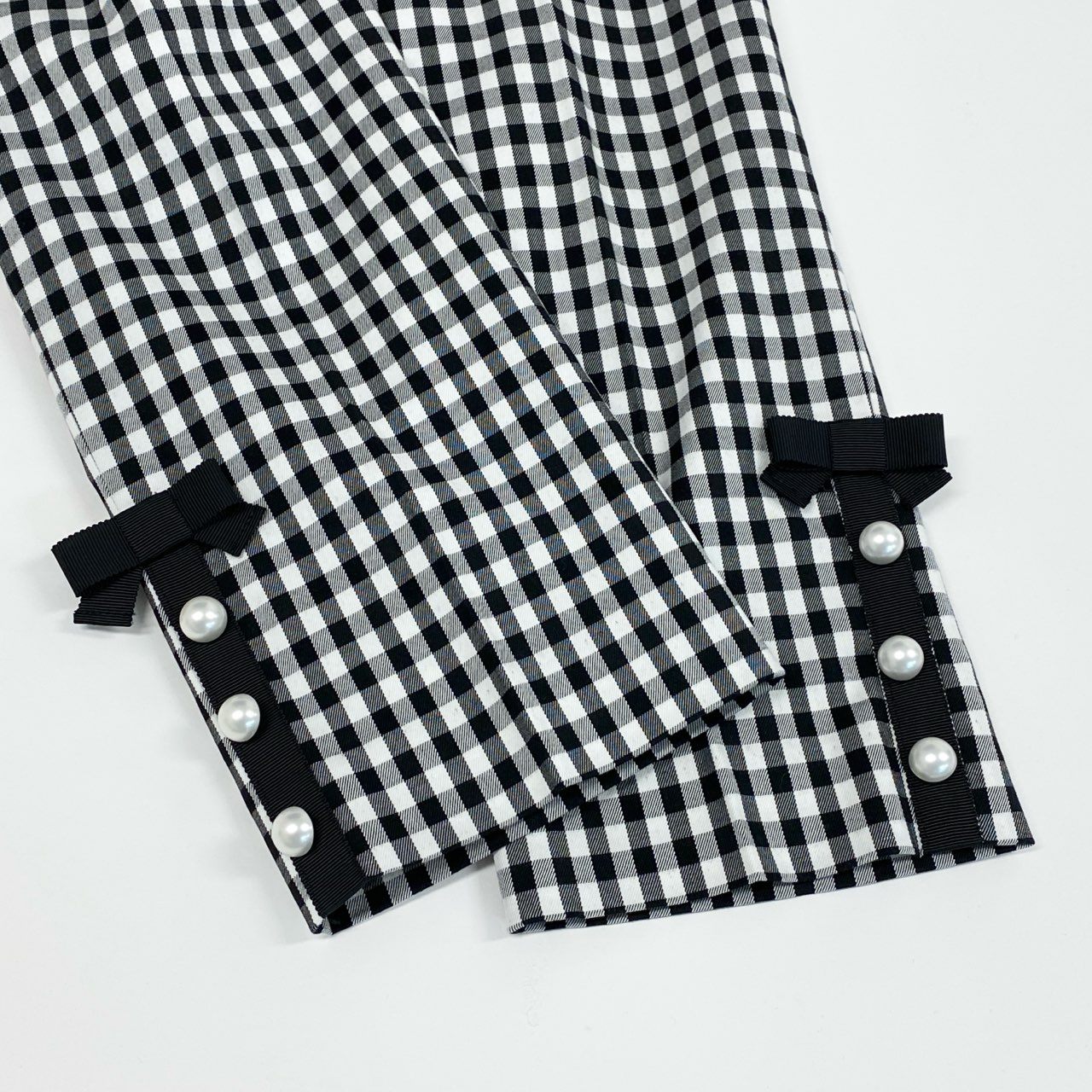 11f12 《美品》 M'S GRACY エムズグレイシー ギンガムチェック パールビーズ クロップドパンツ 38 ブラック ボトムス 日本製
