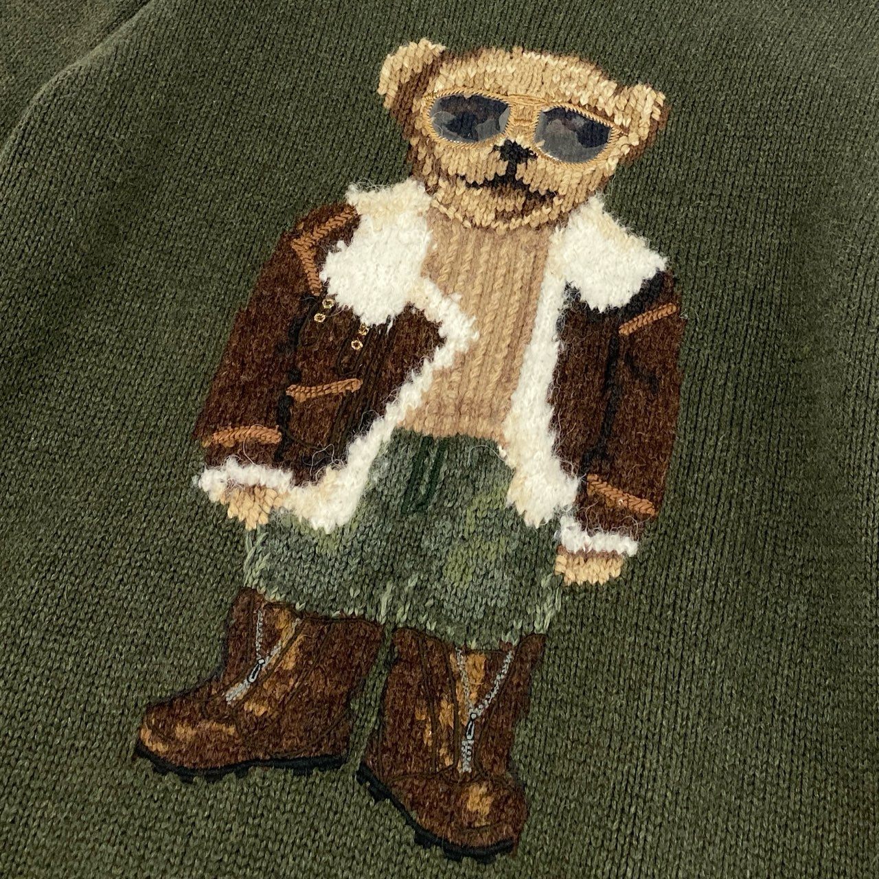13f7 POLO RALPH LAUREN ポロラルフローレン POLO BEAR ポロベア クルーネック ニット セーター ロゴ刺繍 Sサイズ カーキ オリーブ コットン メンズ