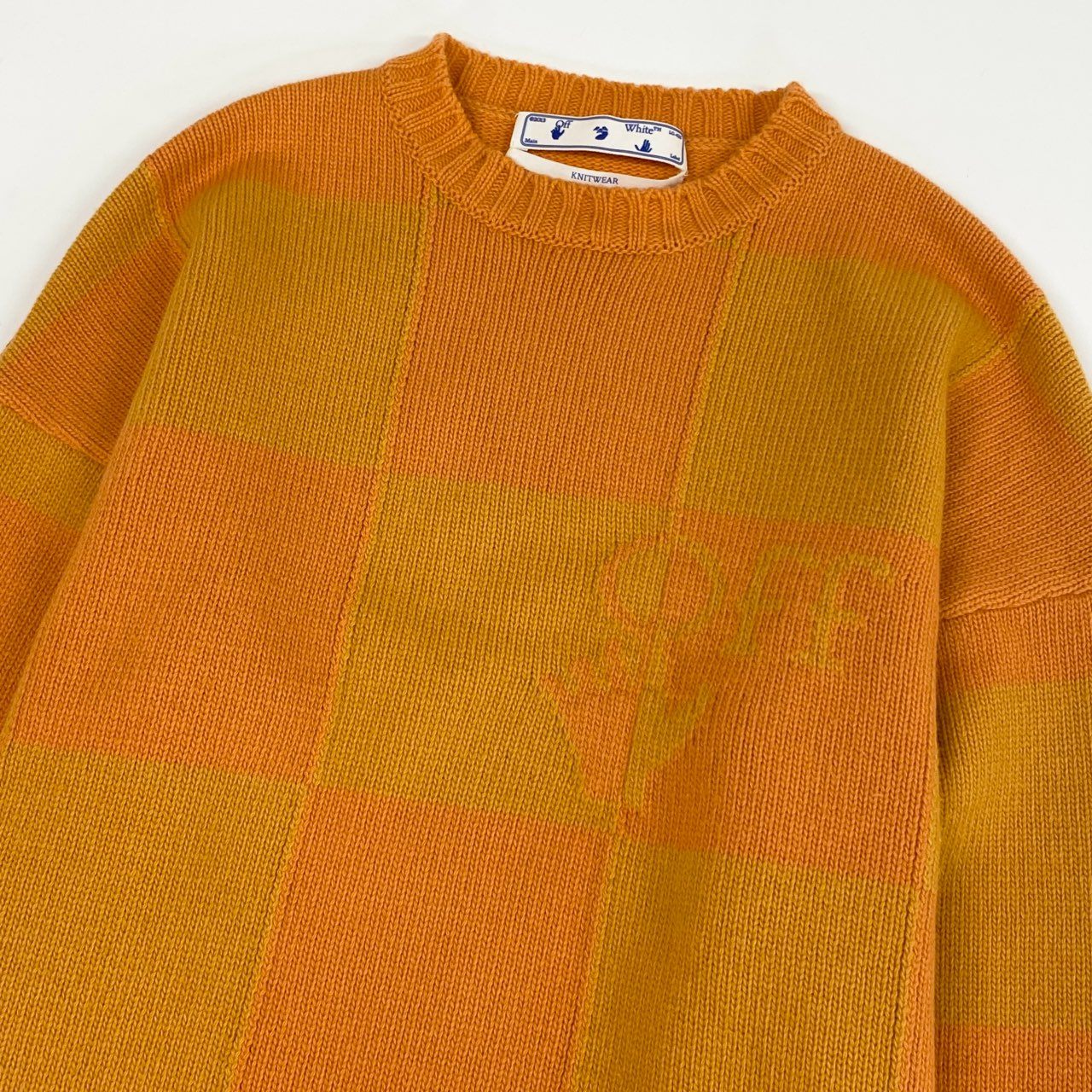 73j28 off White オフホワイト イタリア製 KNITWEAR ロングスリーブ ニットセーター ウールニット チェック柄 M オレンジ 羊毛o07t