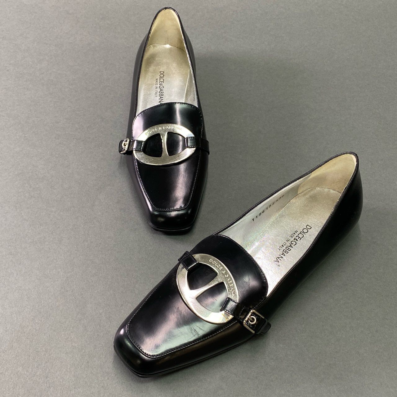 1c3 DOLCE&GABBANA ドルチェアンドガッバーナ スクエアトゥ レザーシューズ ドレスシューズ メタルプレート イタリア製 レディース 36 ブラック 本革